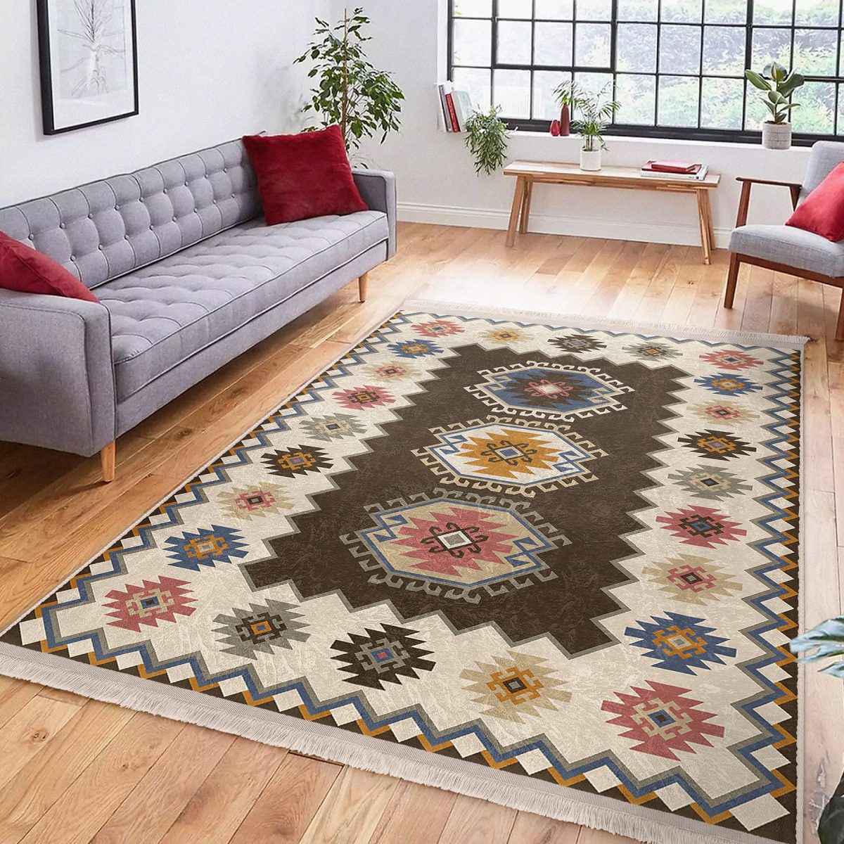 Kahverengi Zeminde Etnik Motifli Kilim Desenli Avangarde Vintage Salon & Oturma Odası Yatak Odası Dijital Baskılı Makinede Yıkanabilir Kaymaz Taban Saçaklı Halı Realhomes