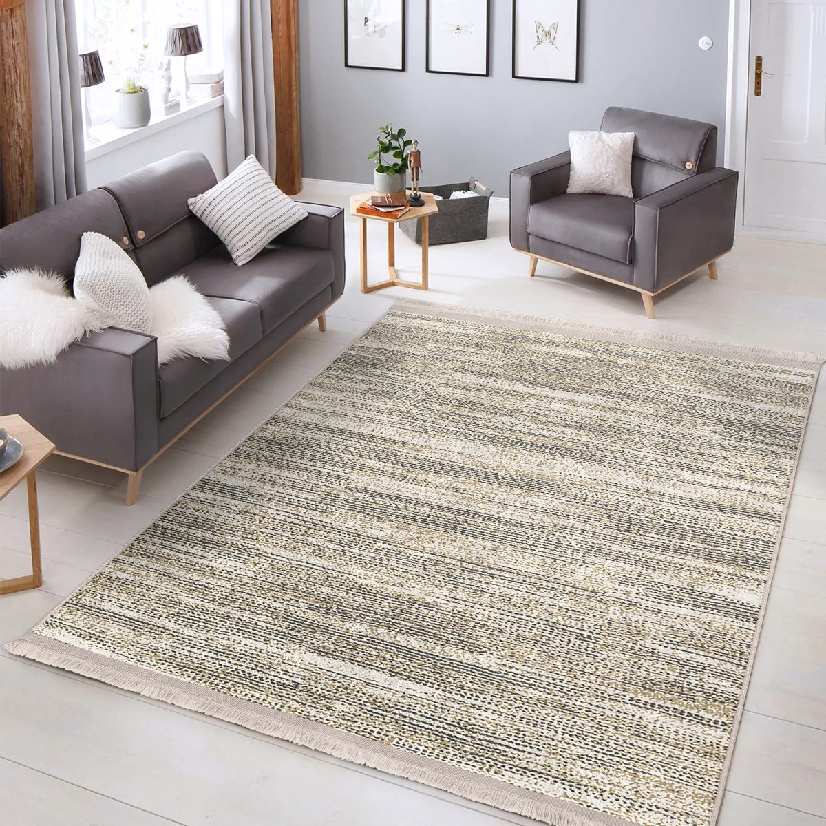 Krem Zeminde Eskitme Motifli Örgü Desenli Eskitme Motifli Vintage Salon & Oturma Odası Koridor & Antre Dijital Baskılı Makinede Yıkanabilir Kaymaz Taban Saçaklı Halı Realhomes