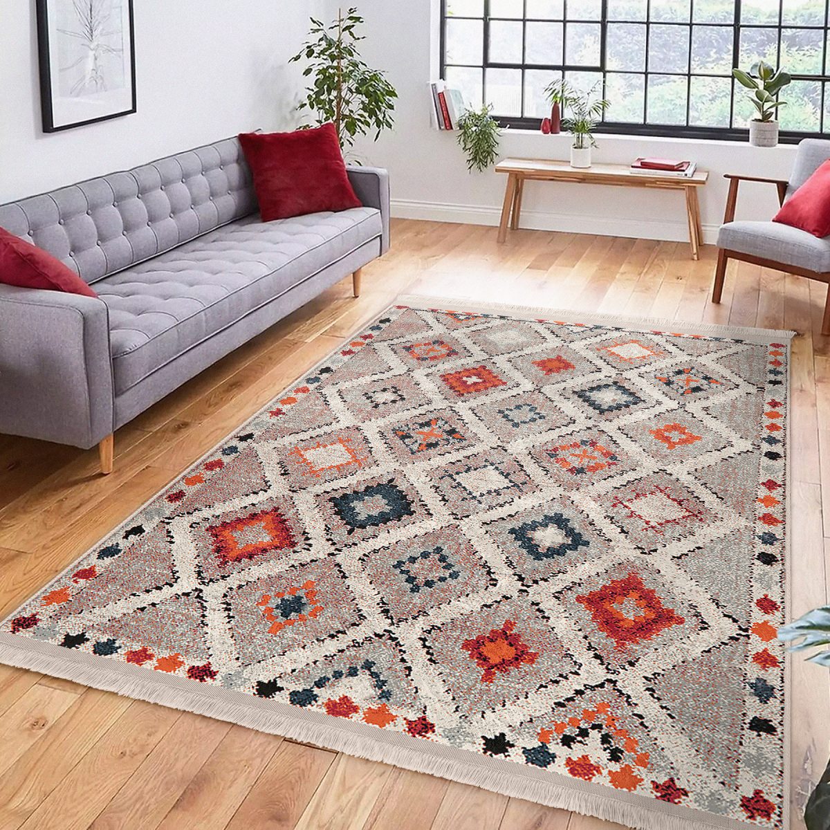 Çok Renkli Zeminde Kilim Motifli Pers Desenli Vintage Avangarde Salon & Oturma Odası Koridor & Antre Dijital Baskılı Makinede Yıkanabilir Kaymaz Taban Saçaklı Halı Realhomes