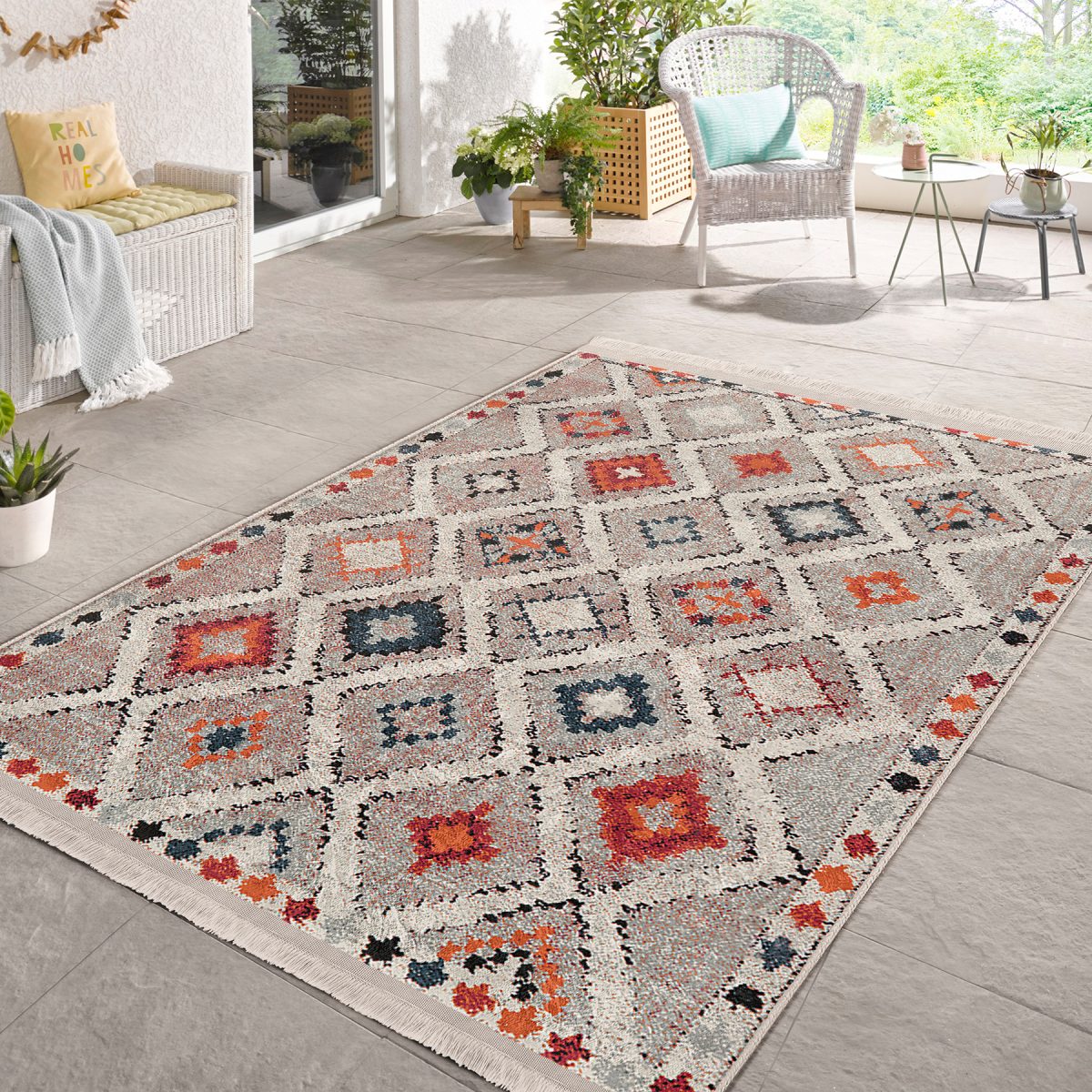 Çok Renkli Zeminde Kilim Motifli Pers Desenli Vintage Avangarde Salon & Oturma Odası Koridor & Antre Dijital Baskılı Makinede Yıkanabilir Kaymaz Taban Saçaklı Halı Realhomes