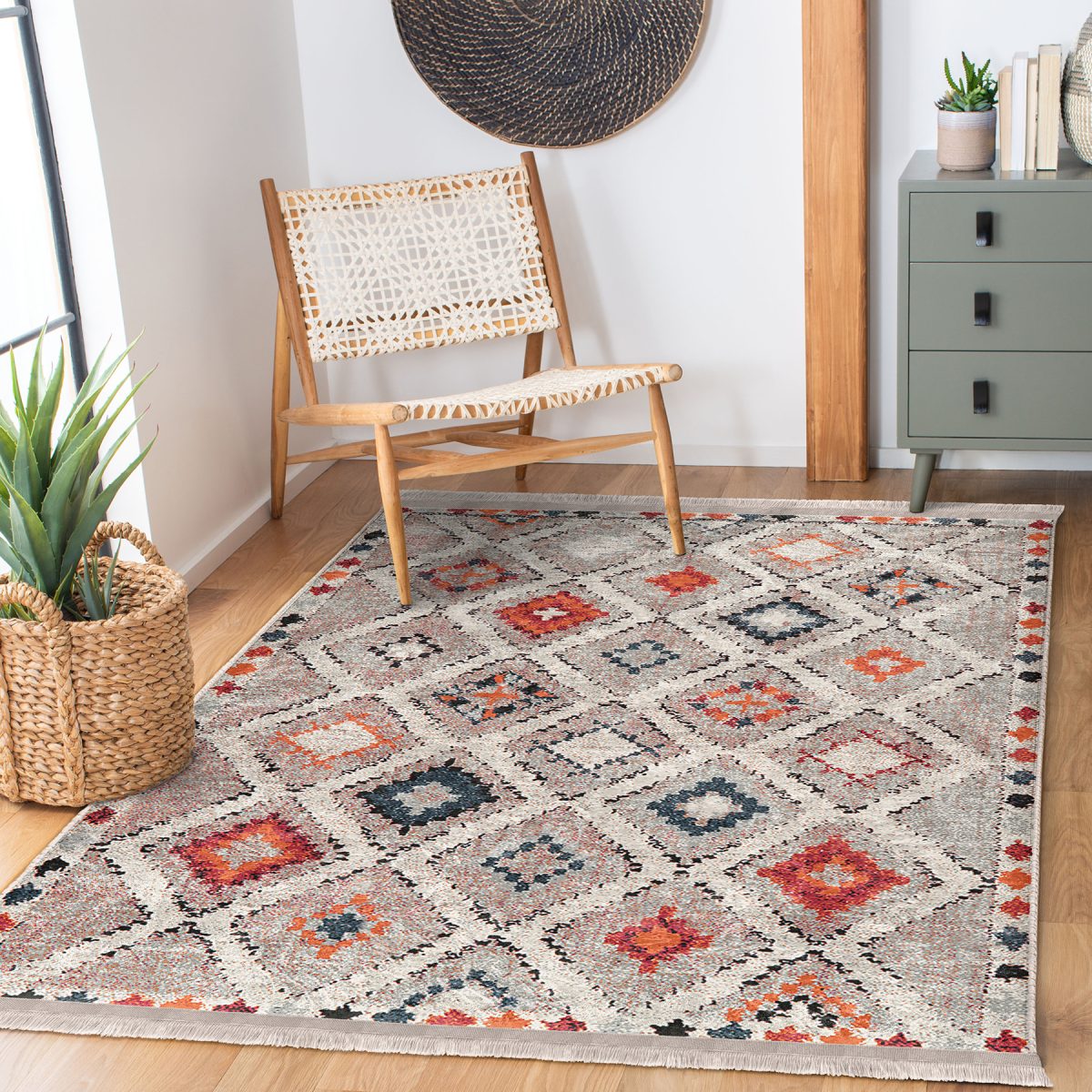 Çok Renkli Zeminde Kilim Motifli Pers Desenli Vintage Avangarde Salon & Oturma Odası Koridor & Antre Dijital Baskılı Makinede Yıkanabilir Kaymaz Taban Saçaklı Halı Realhomes