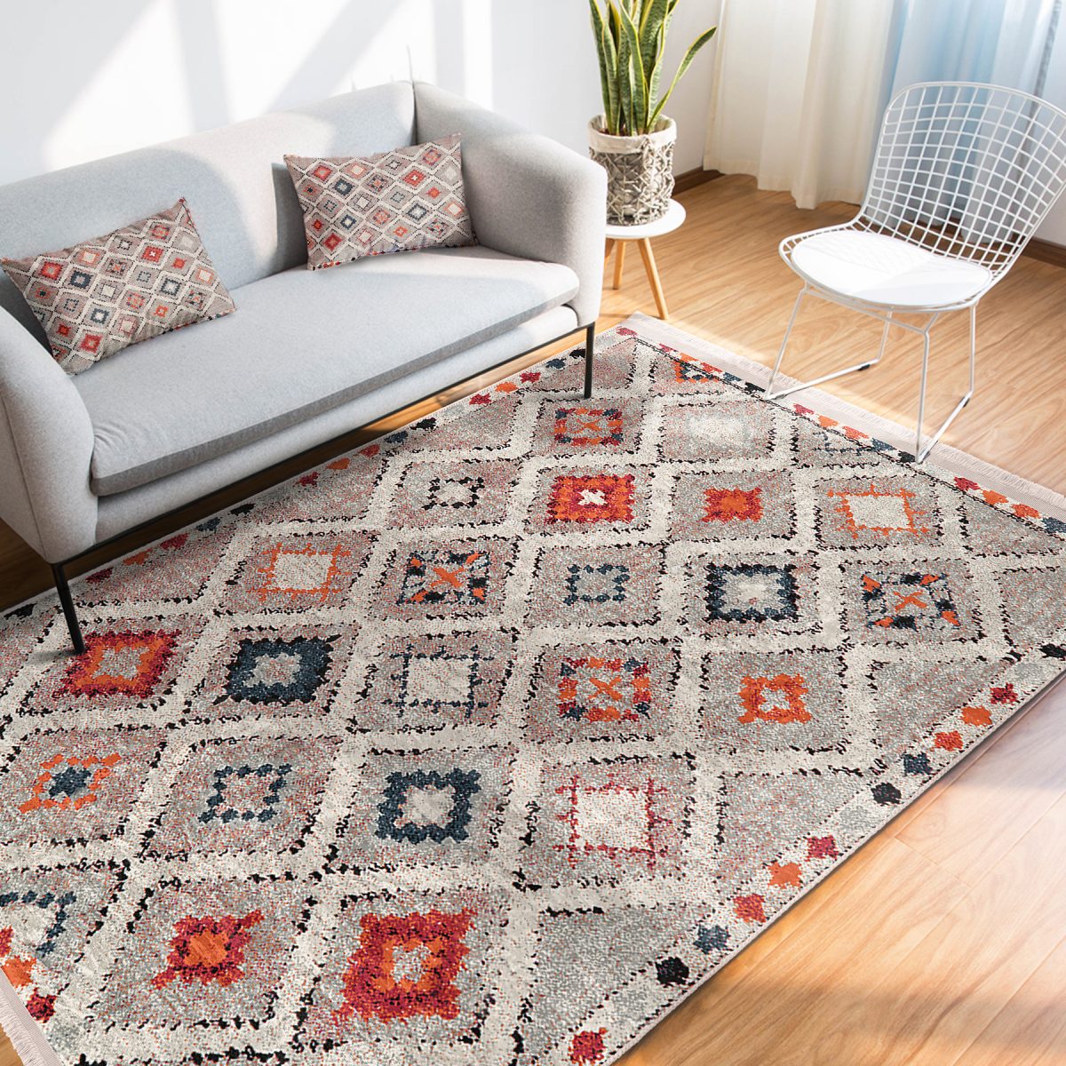 Çok Renkli Zeminde Kilim Motifli Pers Desenli Vintage Avangarde Salon & Oturma Odası Koridor & Antre Dijital Baskılı Makinede Yıkanabilir Kaymaz Taban Saçaklı Halı Realhomes