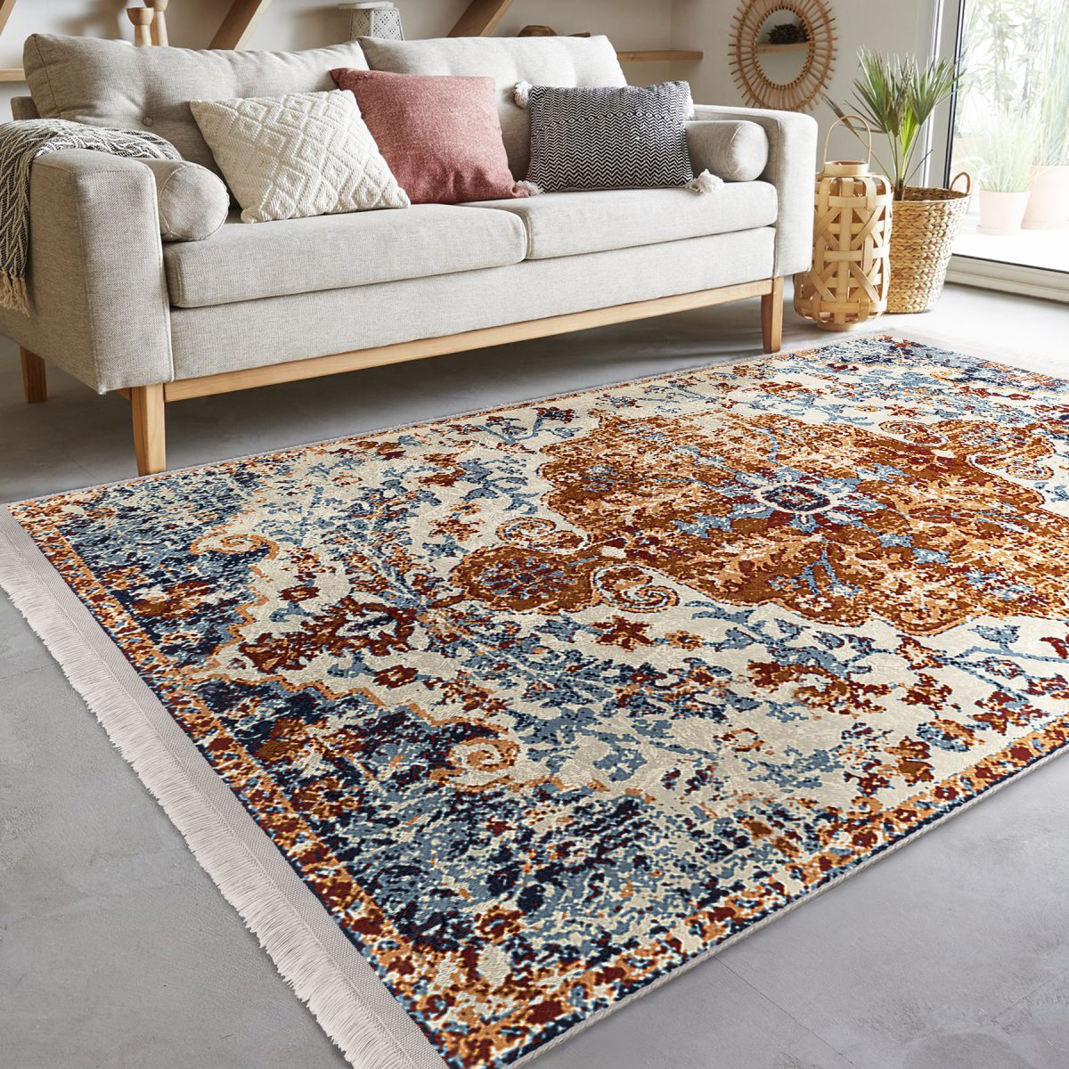 Kırmızı Zeminde Kilim Motifli İran Desenli Eskitme Motifli Avangarde Salon & Oturma Odası Dış Mekan & Outdoor Dijital Baskılı Makinede Yıkanabilir Kaymaz Taban Saçaklı Halı Realhomes