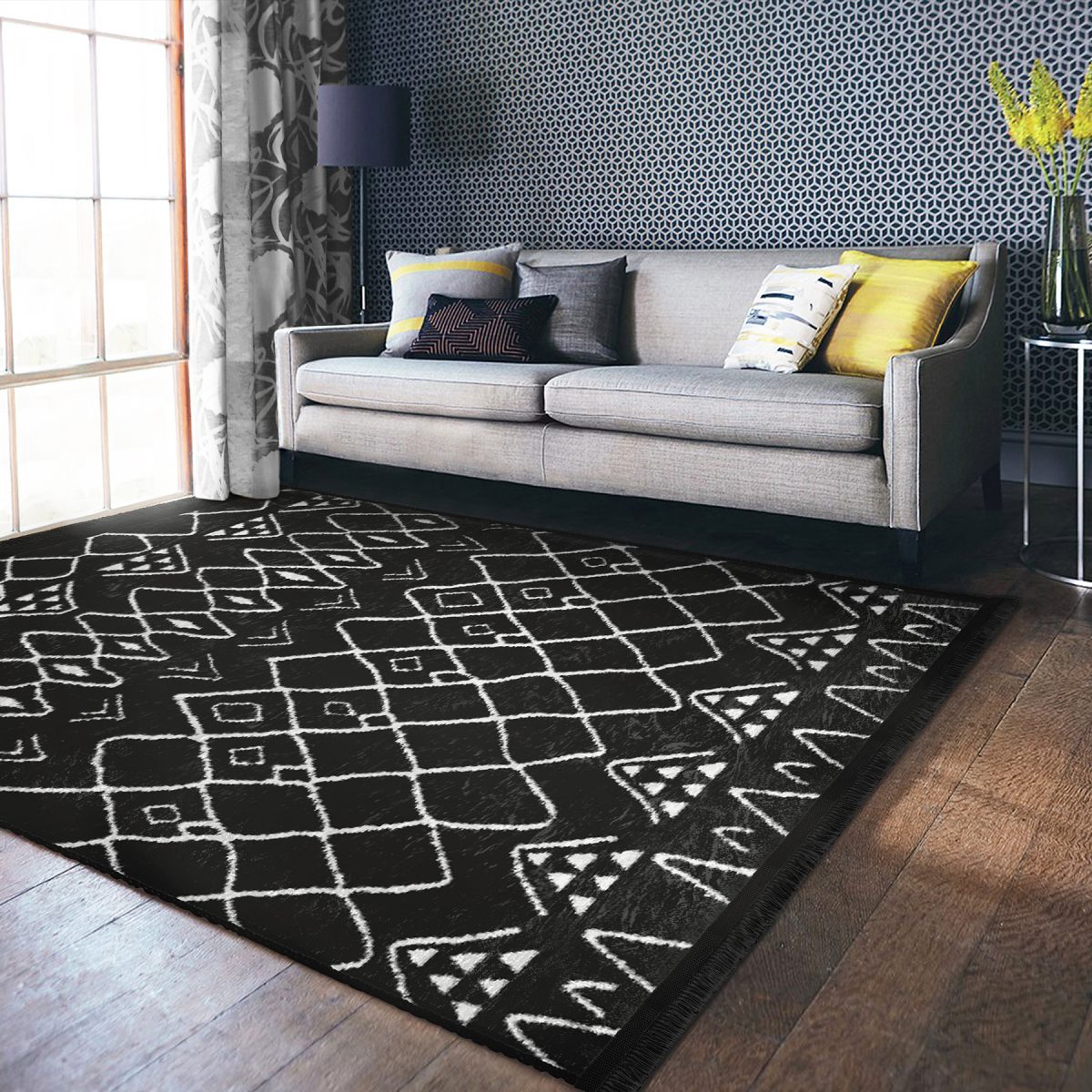 Siyah Zeminde Etnik Motifli Otantik Desenli Geometrik Etnik Motifler Salon & Oturma Odası Ofis Dijital Baskılı Makinede Yıkanabilir Kaymaz Taban Saçaklı Halı Realhomes