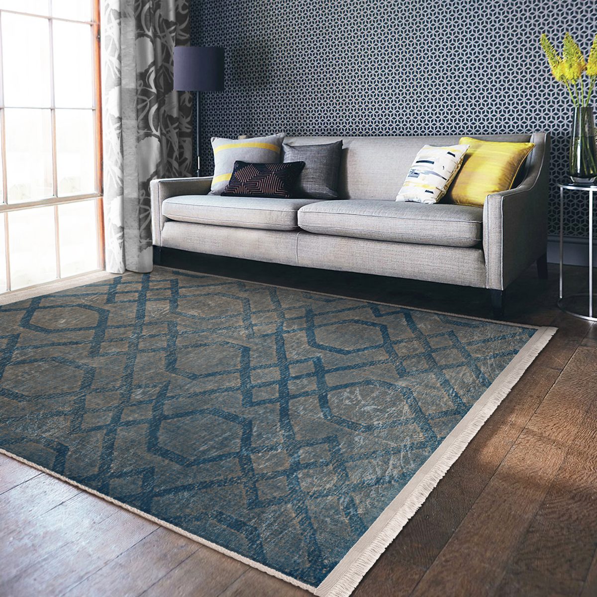 Mavi Zeminde Geometrik Motifli Örme Desenli Geometrik Klasik Koridor & Antre Salon & Oturma Odası Dijital Baskılı Makinede Yıkanabilir Kaymaz Taban Saçaklı Halı Realhomes