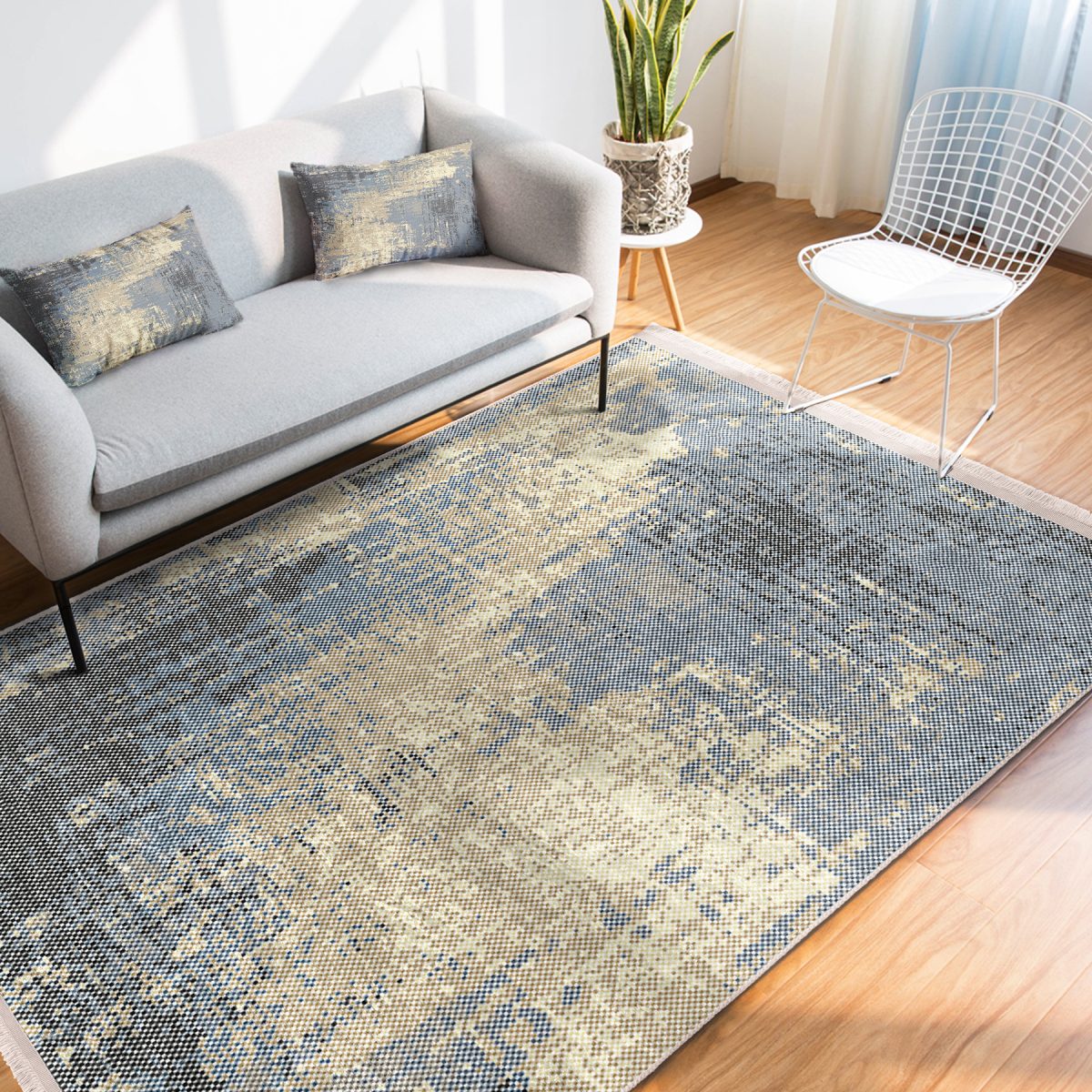 Mavi - Krem Zeminde Eskitme Motifli Antik Desenli Eskitme Motifli Vintage Salon & Oturma Odası Dış Mekan & Outdoor Dijital Baskılı Makinede Yıkanabilir Kaymaz Taban Saçaklı Halı Realhomes
