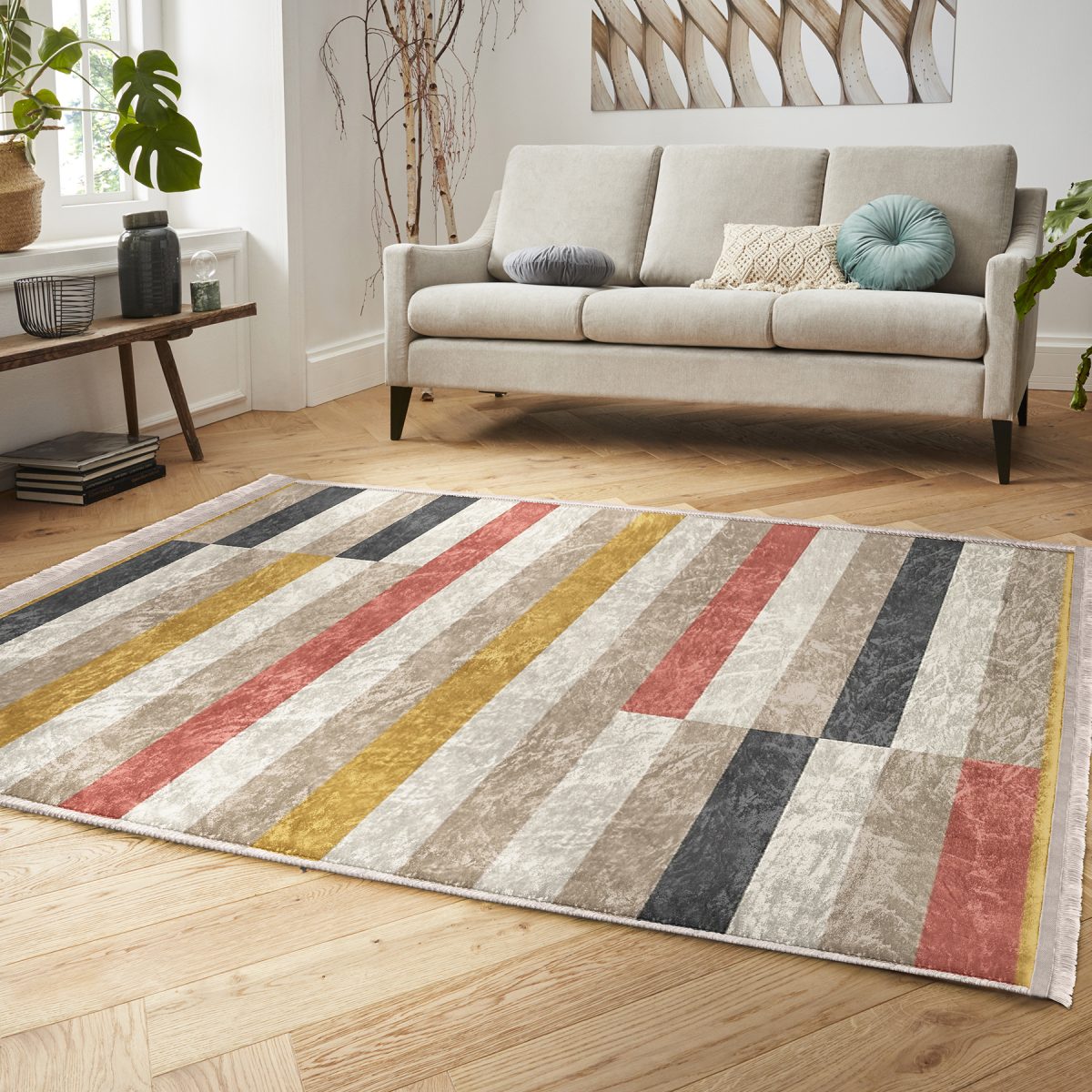 Çok Renkli Zeminde Patchwork Motifli Kilim Desenli Geometrik Sade & Şık Koridor & Antre Mutfak Dijital Baskılı Makinede Yıkanabilir Kaymaz Taban Saçaklı Halı Realhomes