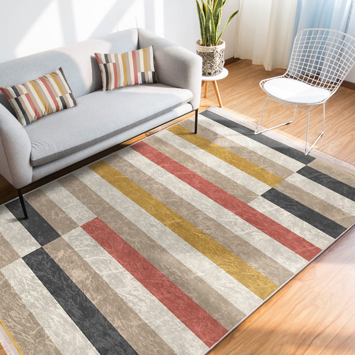 Çok Renkli Zeminde Patchwork Motifli Kilim Desenli Geometrik Sade & Şık Koridor & Antre Mutfak Dijital Baskılı Makinede Yıkanabilir Kaymaz Taban Saçaklı Halı Realhomes