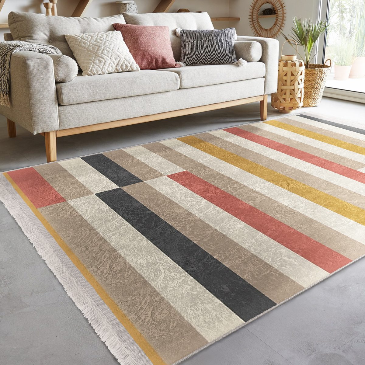 Çok Renkli Zeminde Patchwork Motifli Kilim Desenli Geometrik Sade & Şık Koridor & Antre Mutfak Dijital Baskılı Makinede Yıkanabilir Kaymaz Taban Saçaklı Halı Realhomes