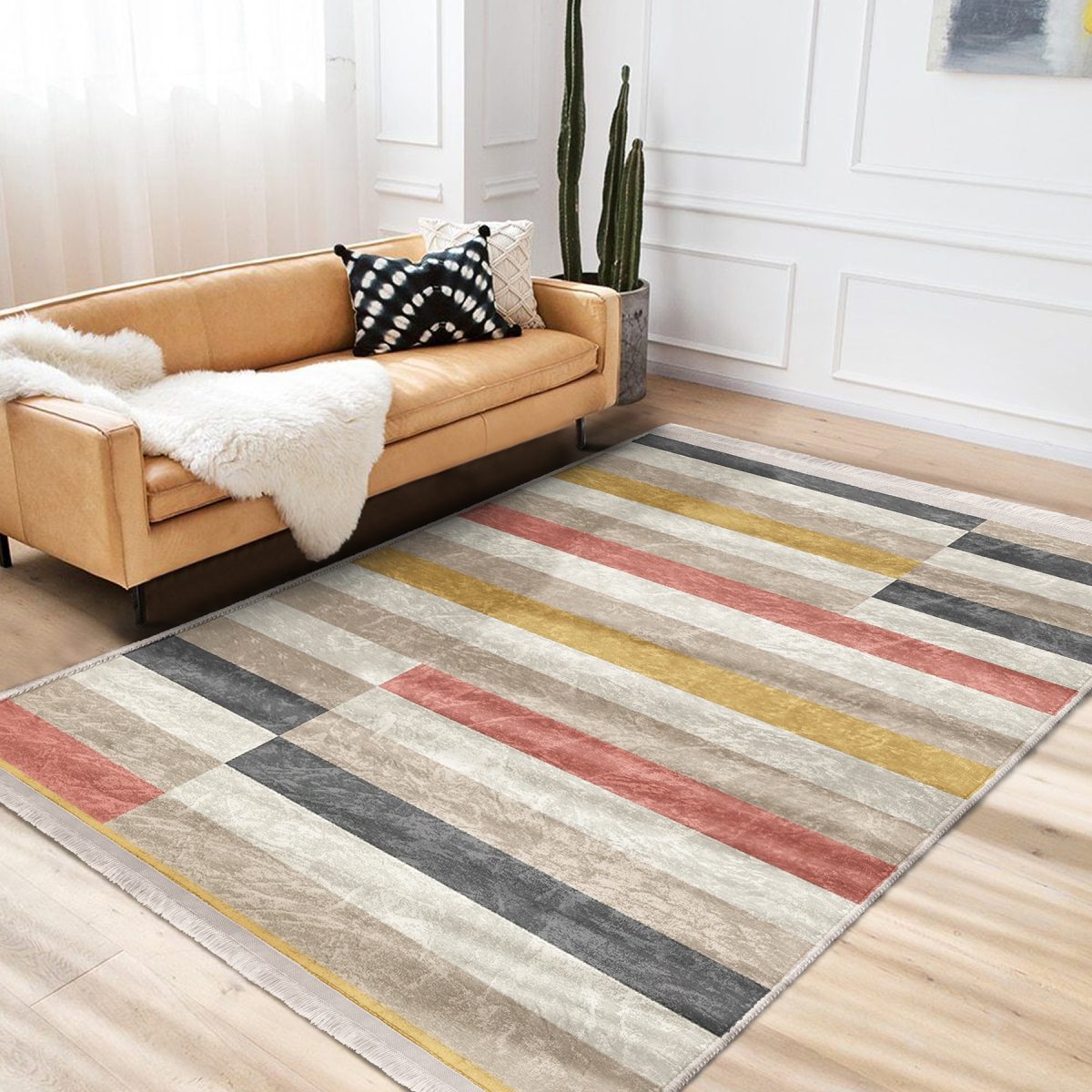 Çok Renkli Zeminde Patchwork Motifli Kilim Desenli Geometrik Sade & Şık Koridor & Antre Mutfak Dijital Baskılı Makinede Yıkanabilir Kaymaz Taban Saçaklı Halı Realhomes