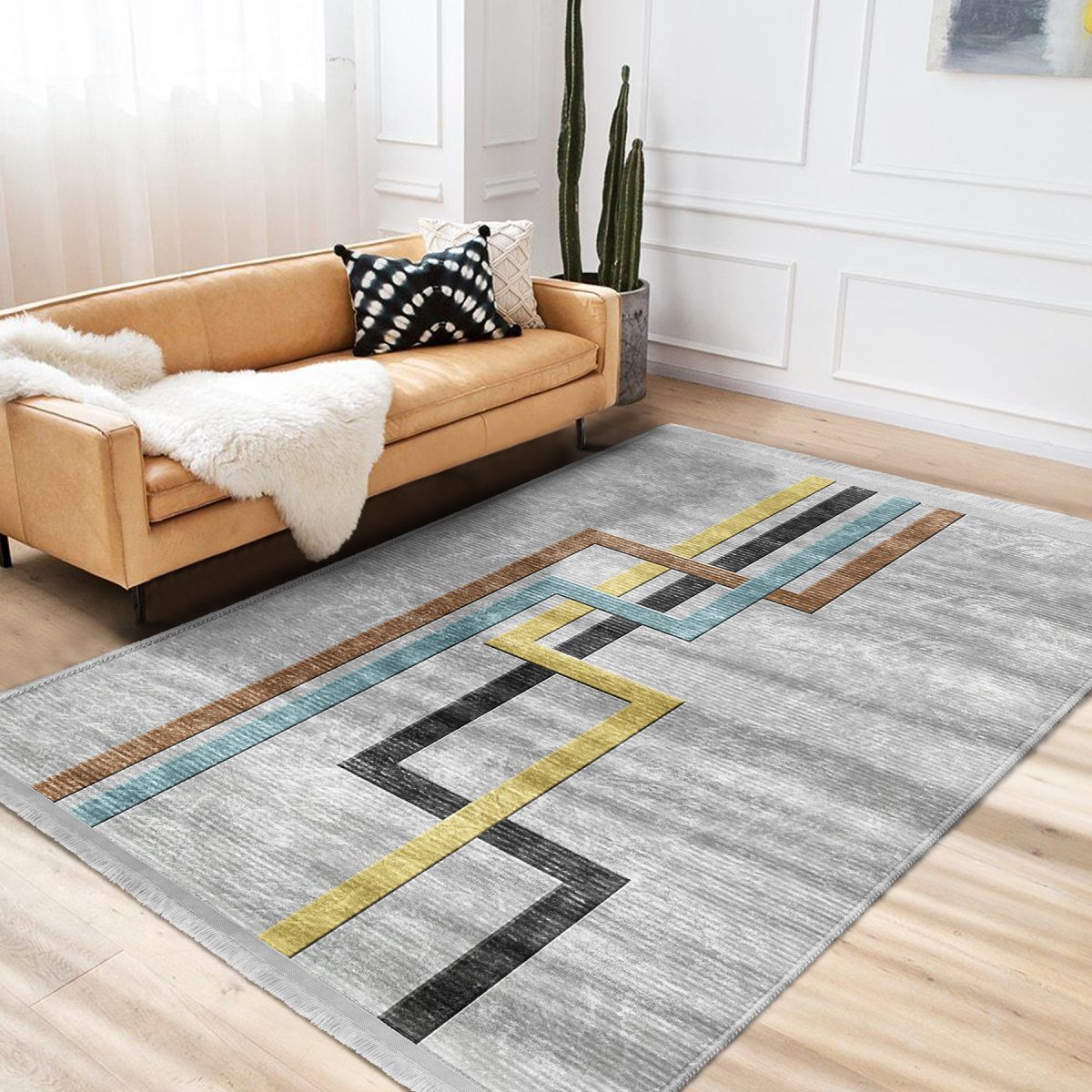 Gri Zeminde Geometrik Motifli Klasik Desenli Geometrik Sade & Şık Koridor & Antre Mutfak Dijital Baskılı Makinede Yıkanabilir Kaymaz Taban Saçaklı Halı Realhomes