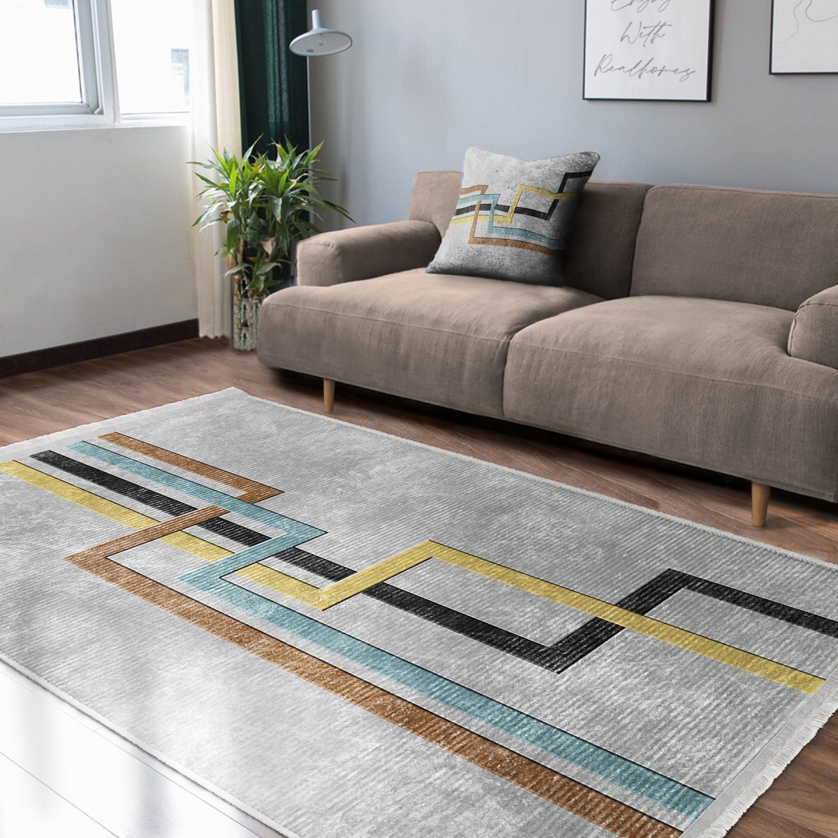 Gri Zeminde Geometrik Motifli Klasik Desenli Geometrik Sade & Şık Koridor & Antre Mutfak Dijital Baskılı Makinede Yıkanabilir Kaymaz Taban Saçaklı Halı Realhomes
