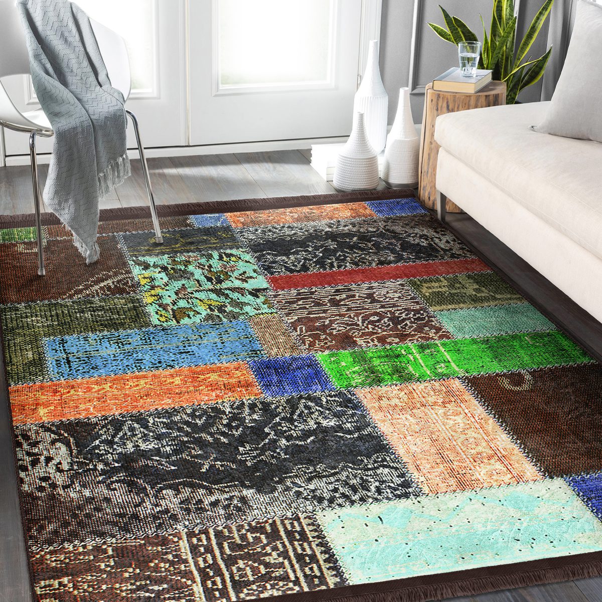 Kahverengi Zeminde Patchwork Motifli Etnik Desenli Vintage Eskitme Motifli Koridor & Antre Dış Mekan & Outdoor Dijital Baskılı Makinede Yıkanabilir Kaymaz Taban Saçaklı Halı Realhomes