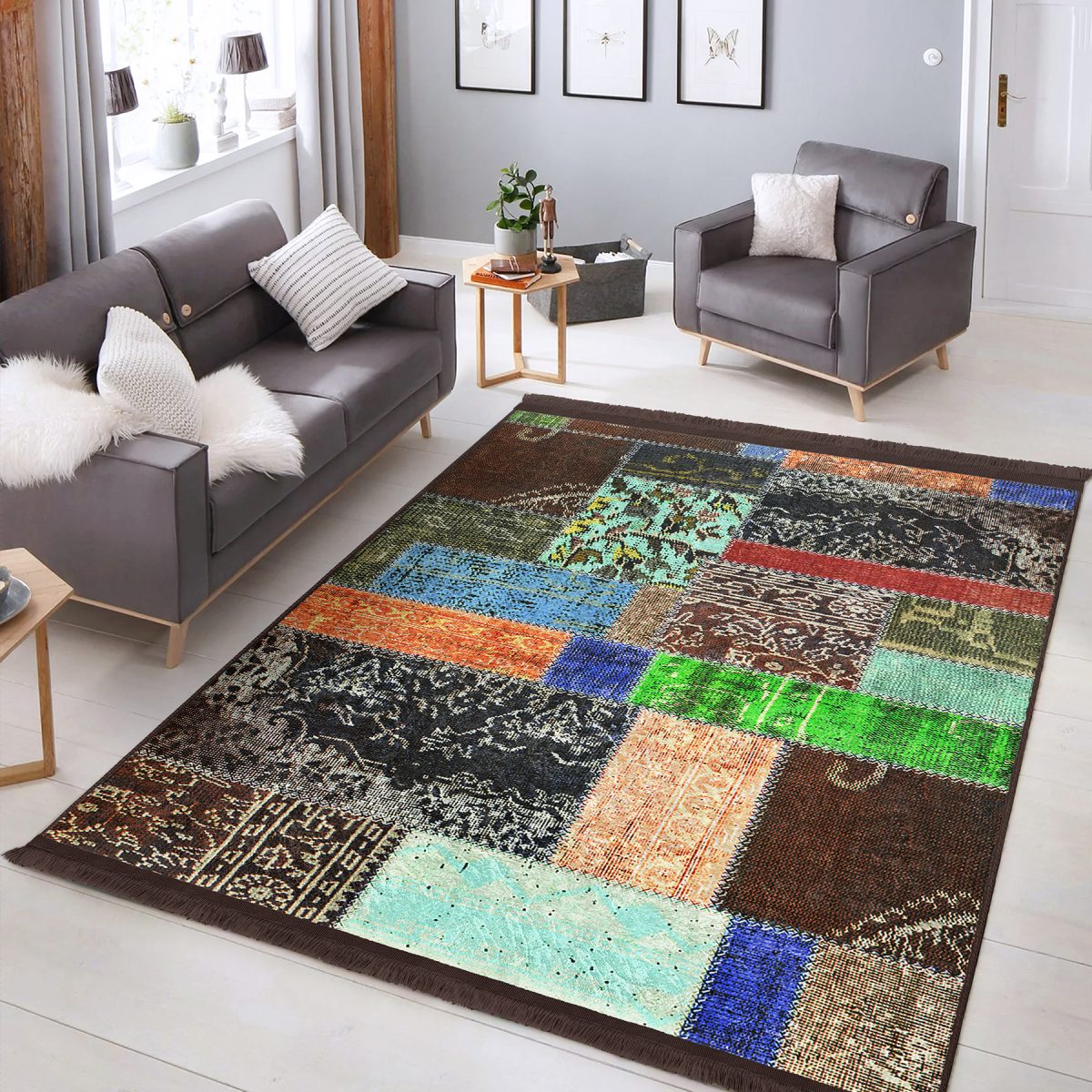 Kahverengi Zeminde Patchwork Motifli Etnik Desenli Vintage Eskitme Motifli Koridor & Antre Dış Mekan & Outdoor Dijital Baskılı Makinede Yıkanabilir Kaymaz Taban Saçaklı Halı Realhomes