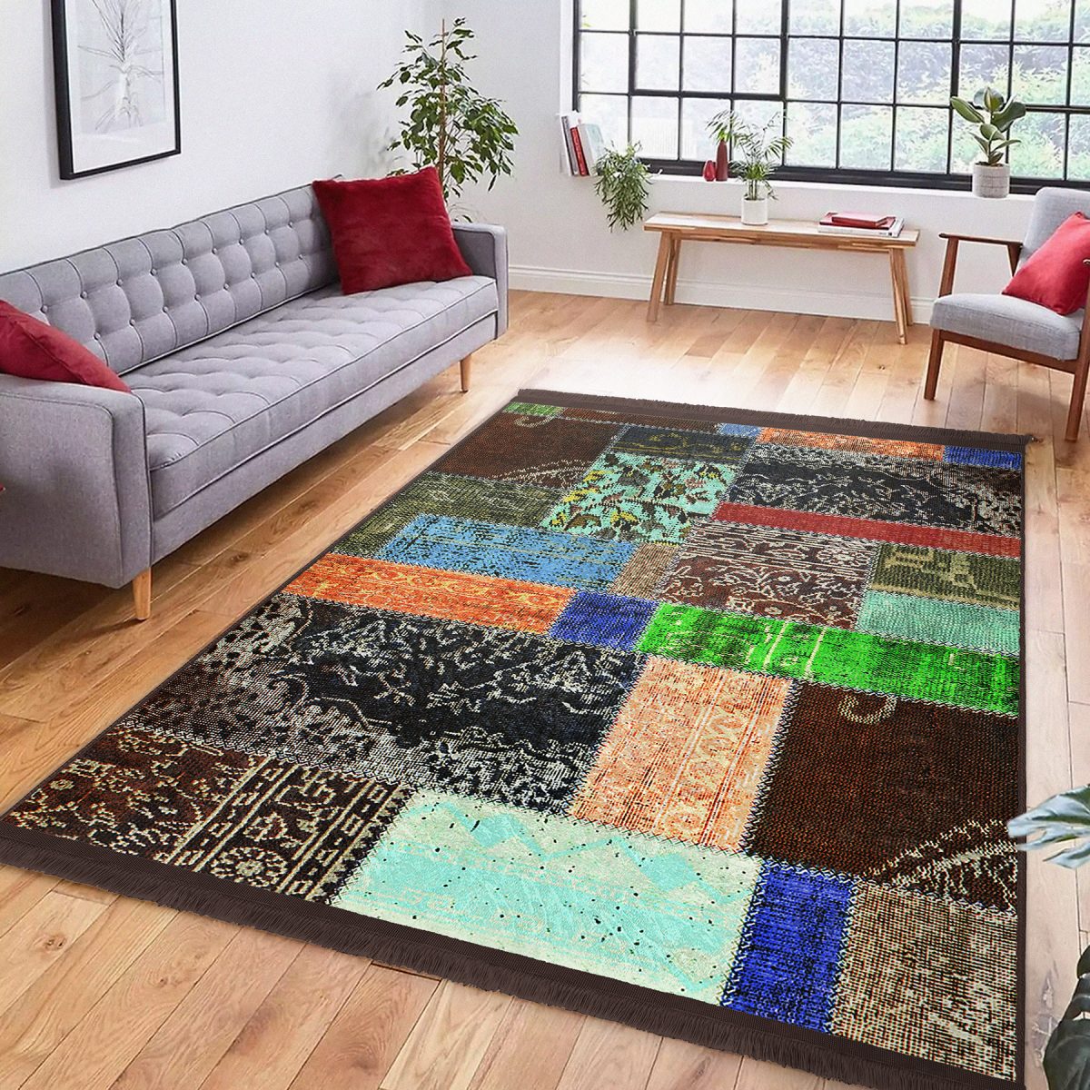 Kahverengi Zeminde Patchwork Motifli Etnik Desenli Vintage Eskitme Motifli Koridor & Antre Dış Mekan & Outdoor Dijital Baskılı Makinede Yıkanabilir Kaymaz Taban Saçaklı Halı Realhomes