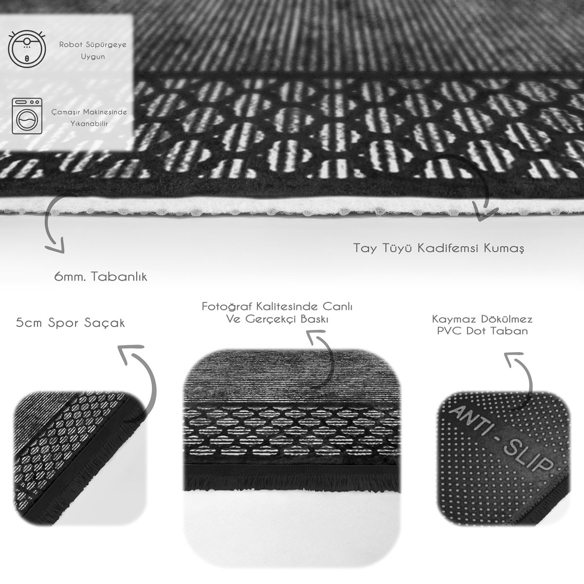 Siyah Zeminde Çerçeveli Motifli Klasik Desenli Geometrik Klasik Koridor & Antre Yatak Odası Dijital Baskılı Makinede Yıkanabilir Kaymaz Taban Saçaklı Halı Realhomes