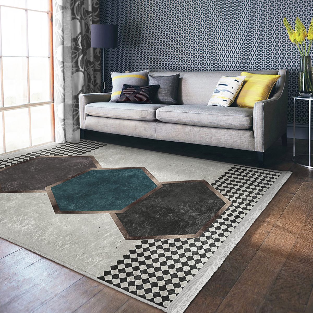 Gri Zeminde Geometrik Motifli Kazayağı Desenli Geometrik Klasik Koridor & Antre Yatak Odası Dijital Baskılı Makinede Yıkanabilir Kaymaz Taban Saçaklı Halı Realhomes
