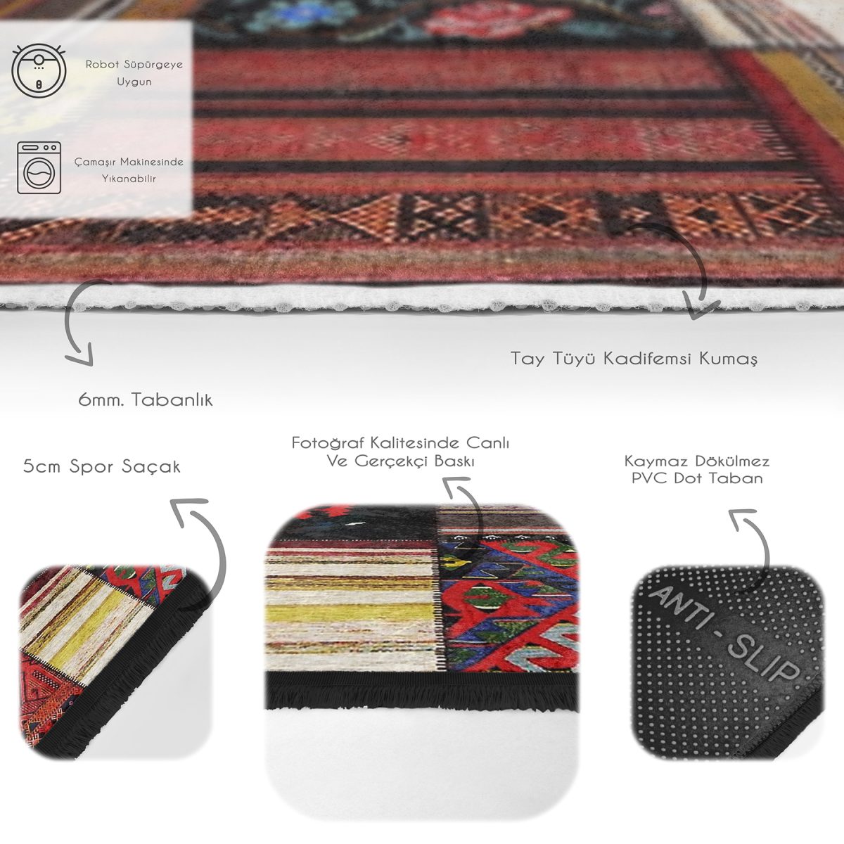 Siyah - Kırmızı Zeminde Patchwork Motifli Etnik Desenli Vintage Etnik Motifler Koridor & Antre Yatak Odası Dijital Baskılı Makinede Yıkanabilir Kaymaz Taban Saçaklı Halı Realhomes