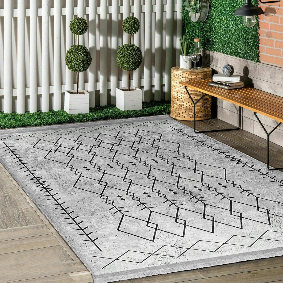 Gri Zeminde Bohem Motifli Etnik Desenli Vintage Etnik Motifler Salon & Oturma Odası Yatak Odası Dijital Baskılı Makinede Yıkanabilir Kaymaz Taban Saçaklı Halı Realhomes