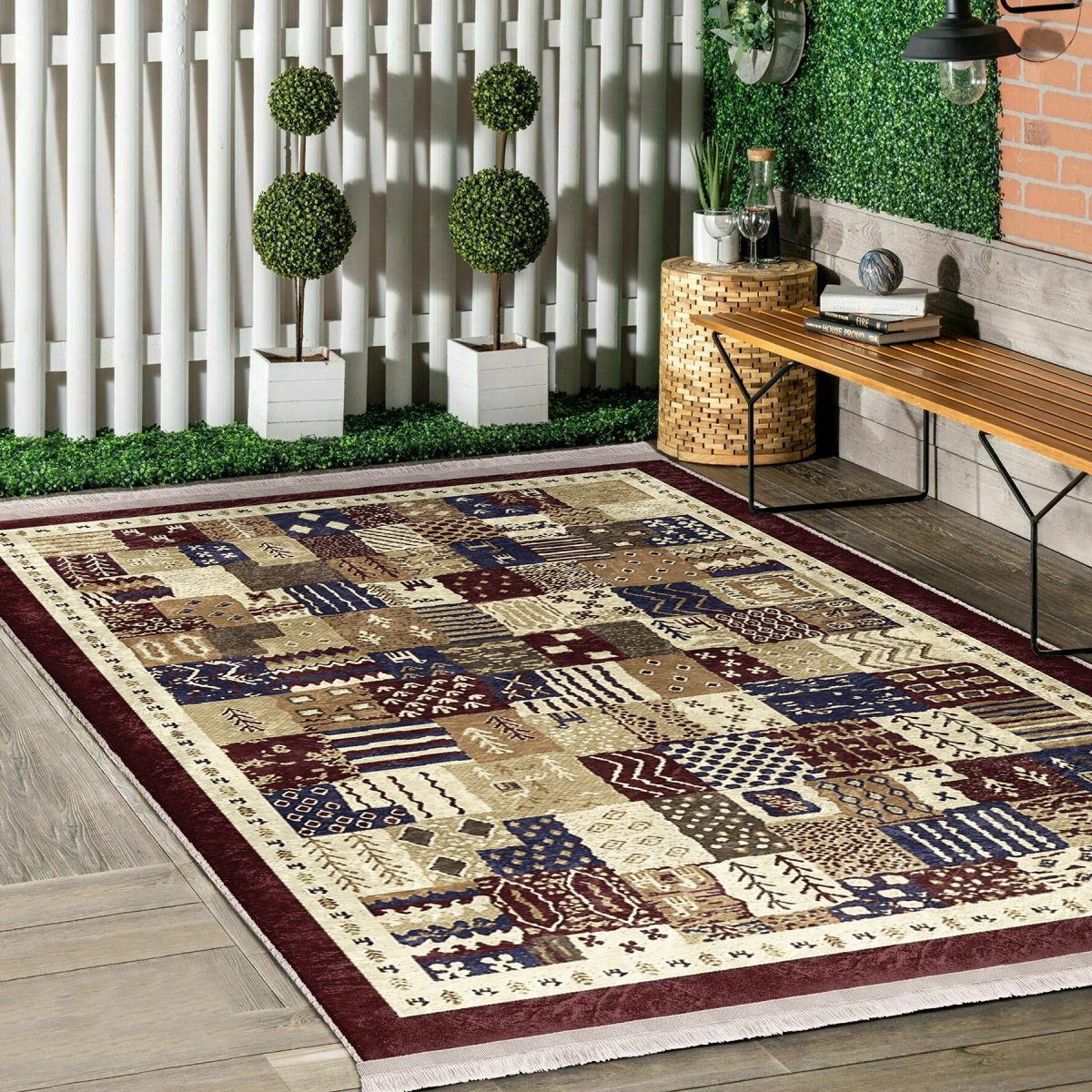 Kahverengi Zeminde Patchwork Motifli Etnik Desenli Vintage Etnik Motifler Salon & Oturma Odası Yatak Odası Dijital Baskılı Makinede Yıkanabilir Kaymaz Taban Saçaklı Halı Realhomes