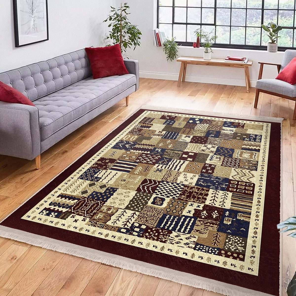 Kahverengi Zeminde Patchwork Motifli Etnik Desenli Vintage Etnik Motifler Salon & Oturma Odası Yatak Odası Dijital Baskılı Makinede Yıkanabilir Kaymaz Taban Saçaklı Halı Realhomes