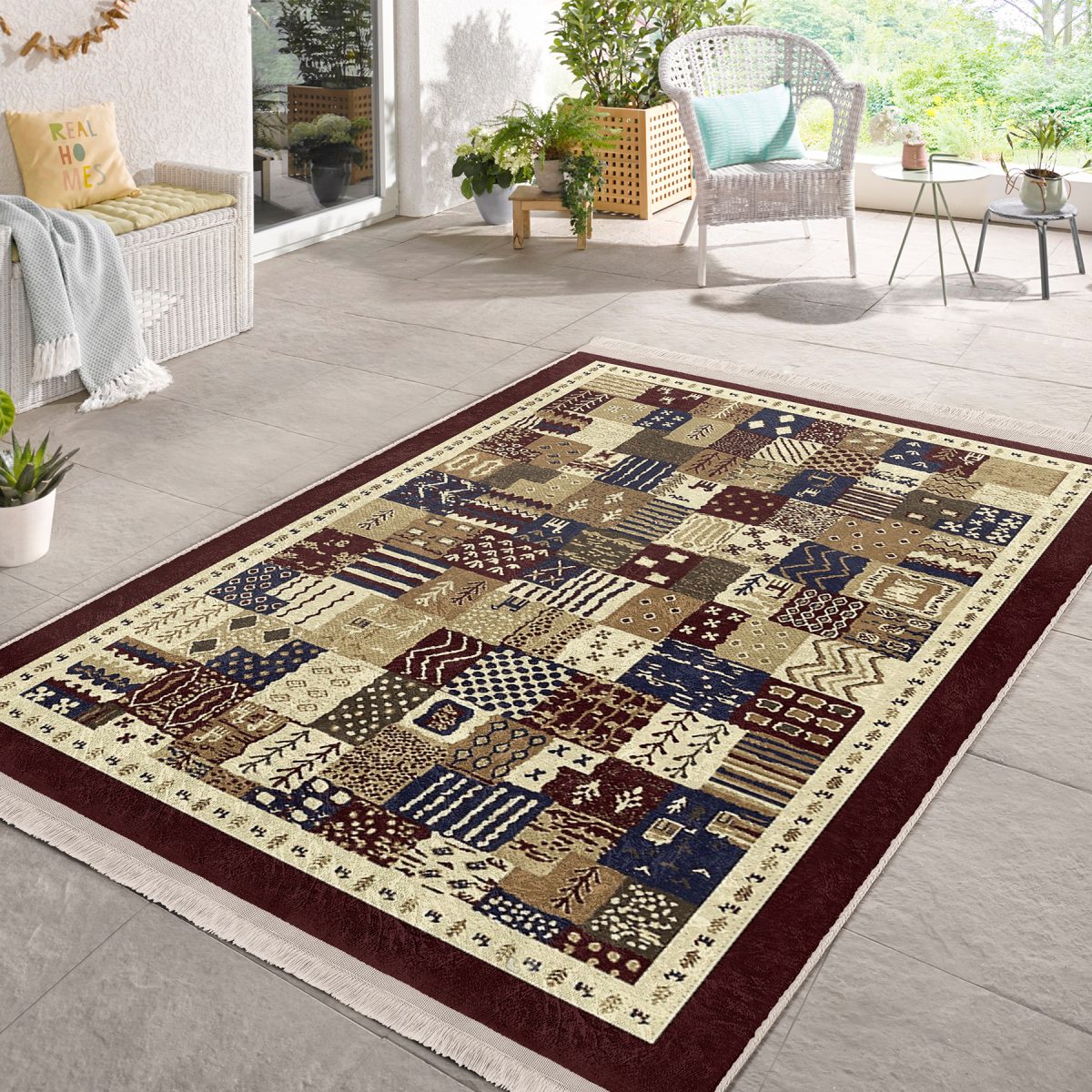 Kahverengi Zeminde Patchwork Motifli Etnik Desenli Vintage Etnik Motifler Salon & Oturma Odası Yatak Odası Dijital Baskılı Makinede Yıkanabilir Kaymaz Taban Saçaklı Halı Realhomes