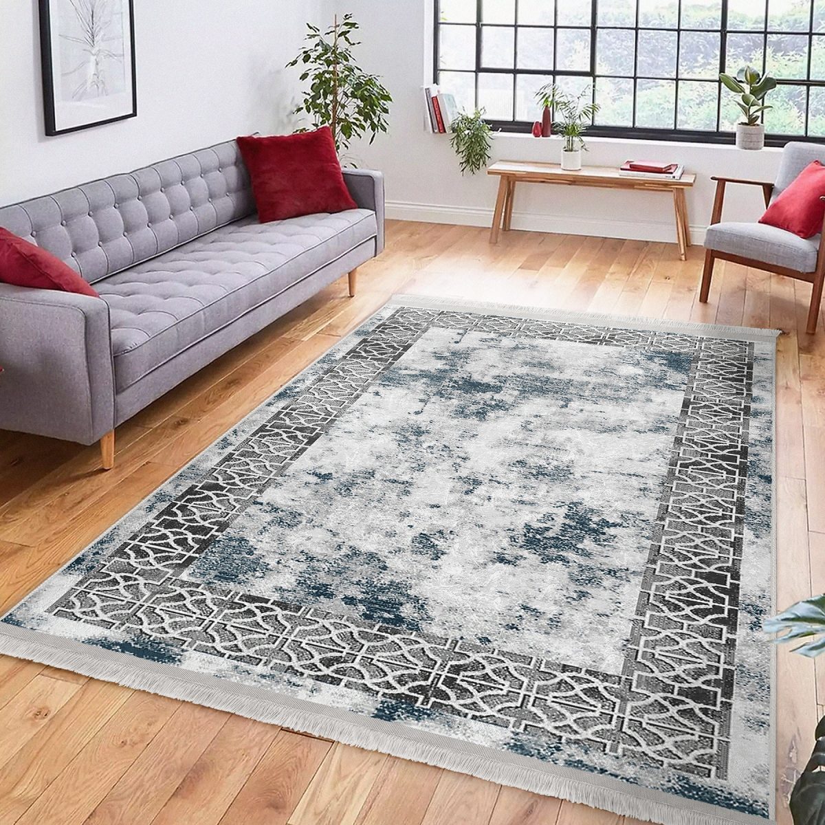 Turkuaz Zeminde Çerçeveli Motifli Antik Desenli Geometrik Eskitme Motifli Salon & Oturma Odası Dış Mekan & Outdoor Dijital Baskılı Makinede Yıkanabilir Kaymaz Taban Saçaklı Halı Realhomes