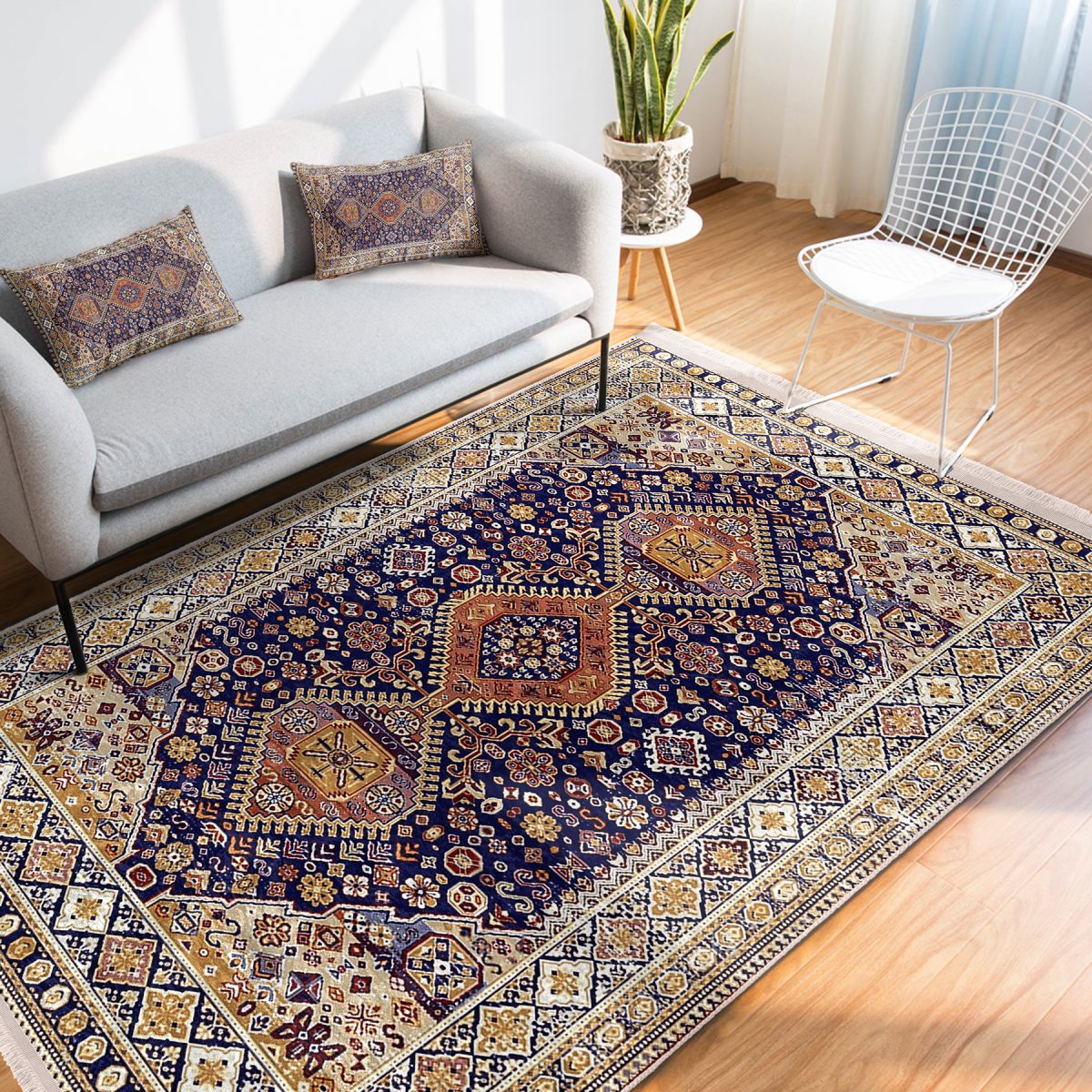 Lacivert Zeminde Uşak Motifli Kilim Desenli Avangarde Vintage Salon & Oturma Odası Yatak Odası Dijital Baskılı Makinede Yıkanabilir Kaymaz Taban Saçaklı Halı Realhomes