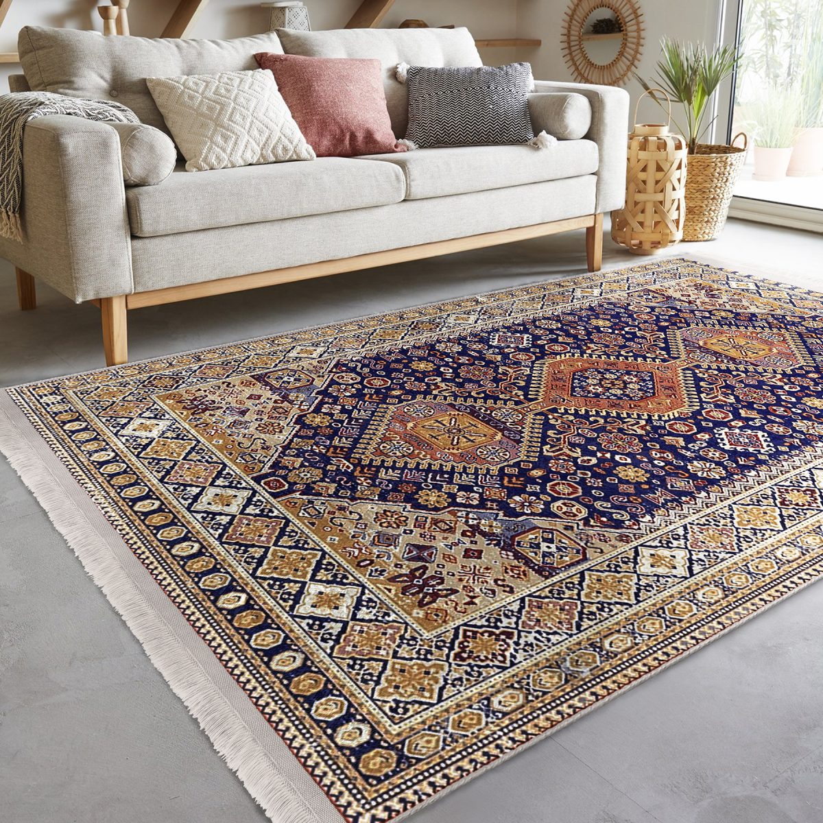 Lacivert Zeminde Uşak Motifli Kilim Desenli Avangarde Vintage Salon & Oturma Odası Yatak Odası Dijital Baskılı Makinede Yıkanabilir Kaymaz Taban Saçaklı Halı Realhomes