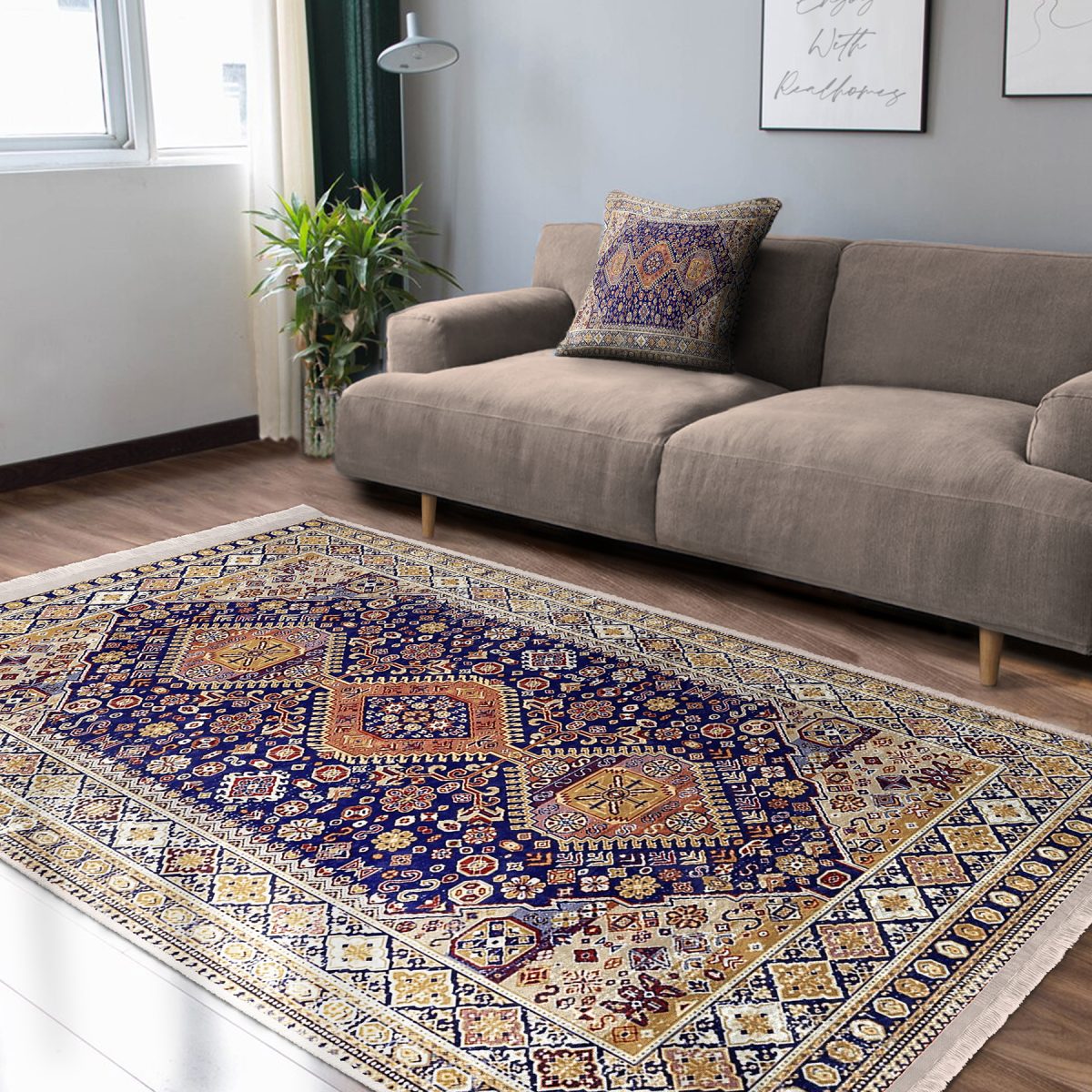 Lacivert Zeminde Uşak Motifli Kilim Desenli Avangarde Vintage Salon & Oturma Odası Yatak Odası Dijital Baskılı Makinede Yıkanabilir Kaymaz Taban Saçaklı Halı Realhomes