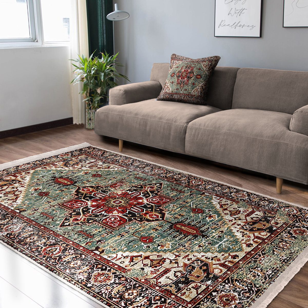 Kırmızı - Yeşil Zeminde Otantik Motifli Osmanlı Desenli Vintage Avangarde Salon & Oturma Odası Yatak Odası Dijital Baskılı Makinede Yıkanabilir Kaymaz Taban Saçaklı Halı Realhomes