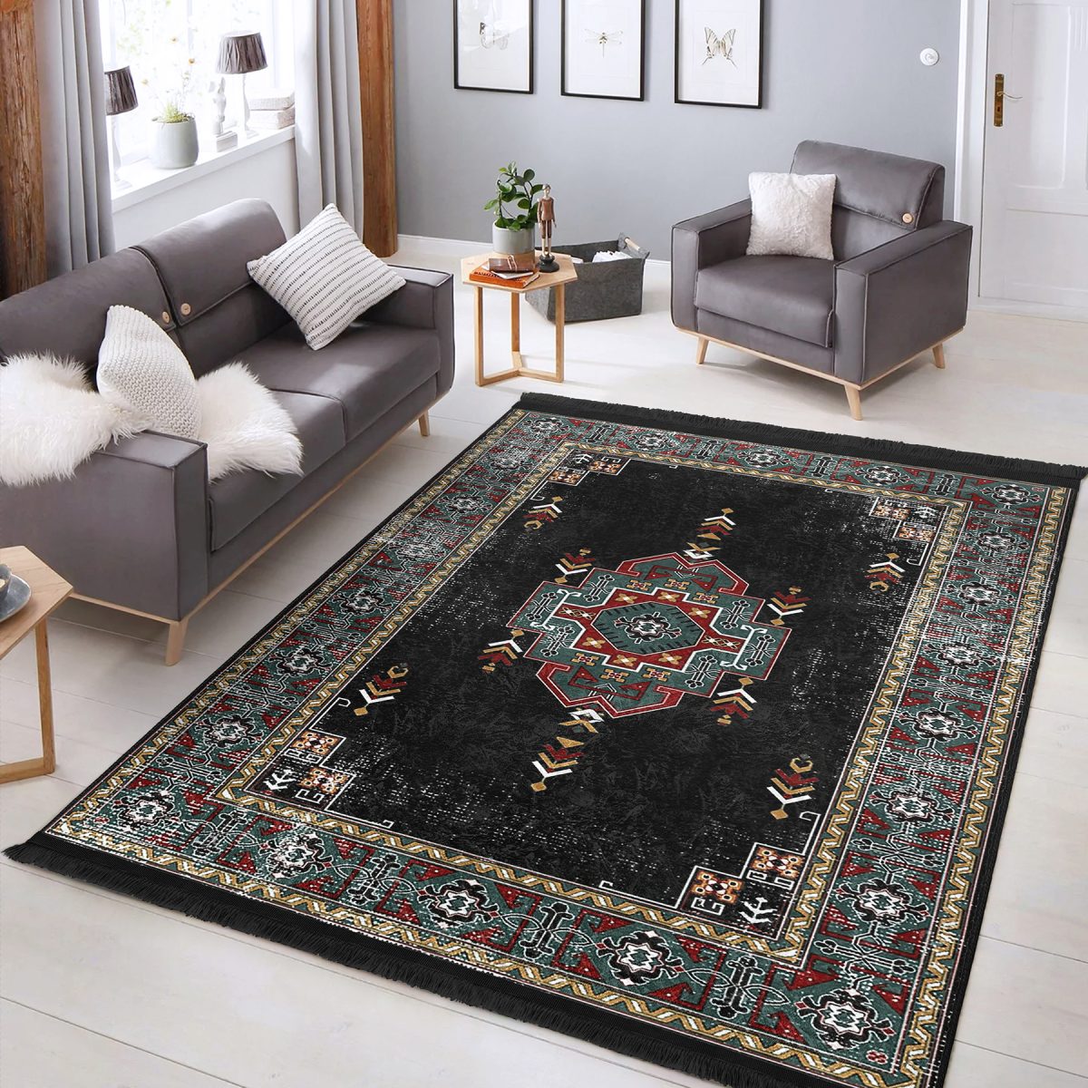 Siyah Zeminde Kilim Motifli Geleneksel Desenli Etnik Motifler Avangarde Salon & Oturma Odası Yatak Odası Dijital Baskılı Makinede Yıkanabilir Kaymaz Taban Saçaklı Halı Realhomes