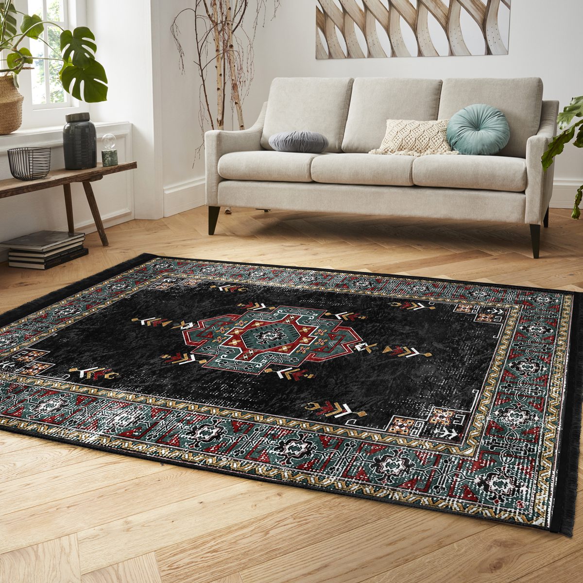 Siyah Zeminde Kilim Motifli Geleneksel Desenli Etnik Motifler Avangarde Salon & Oturma Odası Yatak Odası Dijital Baskılı Makinede Yıkanabilir Kaymaz Taban Saçaklı Halı Realhomes