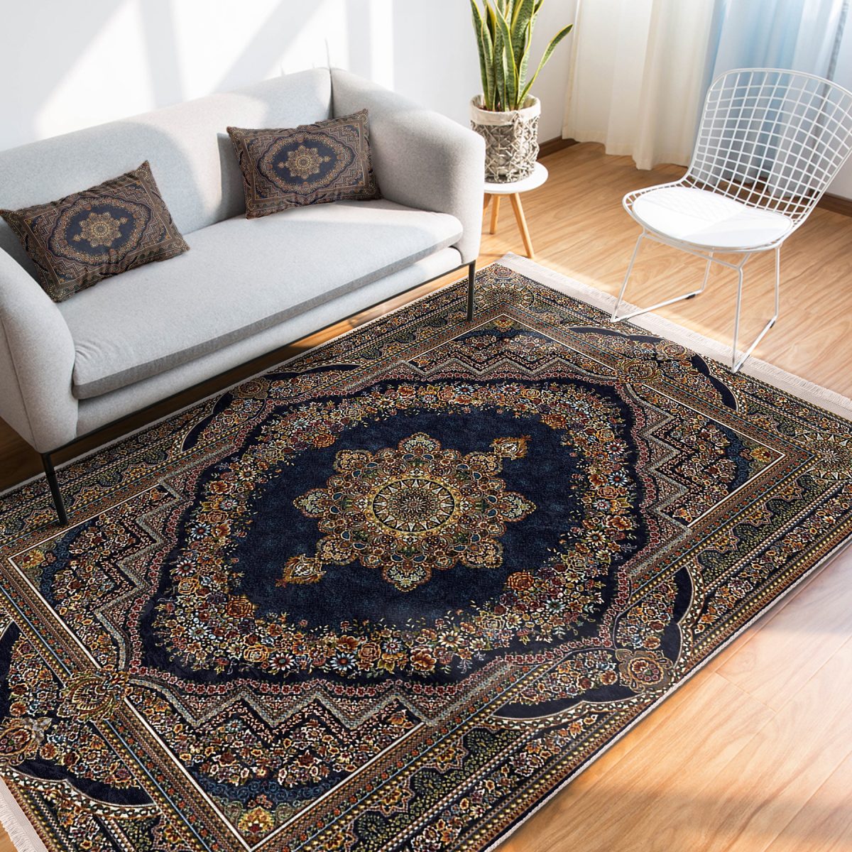 Lacivert Zeminde Osmanlı Motifli Kilim Desenli Eskitme Motifli Vintage Salon & Oturma Odası Yatak Odası Dijital Baskılı Makinede Yıkanabilir Kaymaz Taban Saçaklı Halı Realhomes