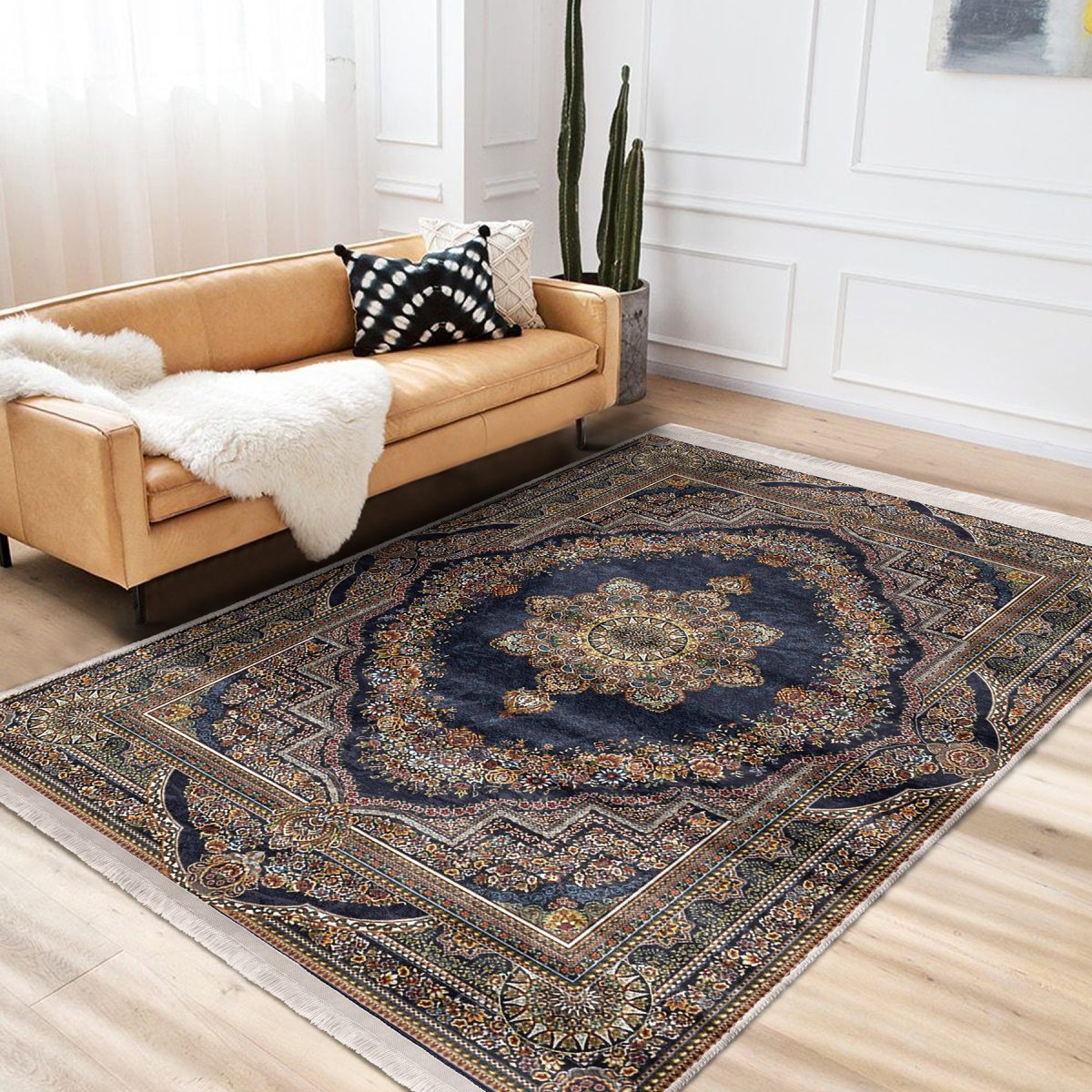 Lacivert Zeminde Osmanlı Motifli Kilim Desenli Eskitme Motifli Vintage Salon & Oturma Odası Yatak Odası Dijital Baskılı Makinede Yıkanabilir Kaymaz Taban Saçaklı Halı Realhomes