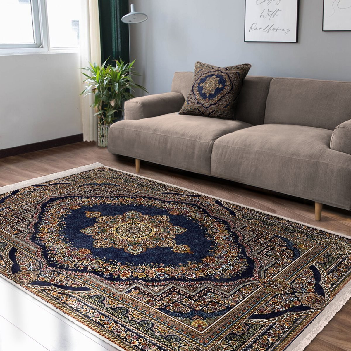 Lacivert Zeminde Osmanlı Motifli Kilim Desenli Eskitme Motifli Vintage Salon & Oturma Odası Yatak Odası Dijital Baskılı Makinede Yıkanabilir Kaymaz Taban Saçaklı Halı Realhomes