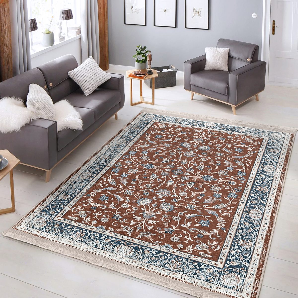 Kremit Zeminde Antik Motifli Kilim Desenli Vintage Avangarde Salon & Oturma Odası Yatak Odası Dijital Baskılı Makinede Yıkanabilir Kaymaz Taban Saçaklı Halı Realhomes