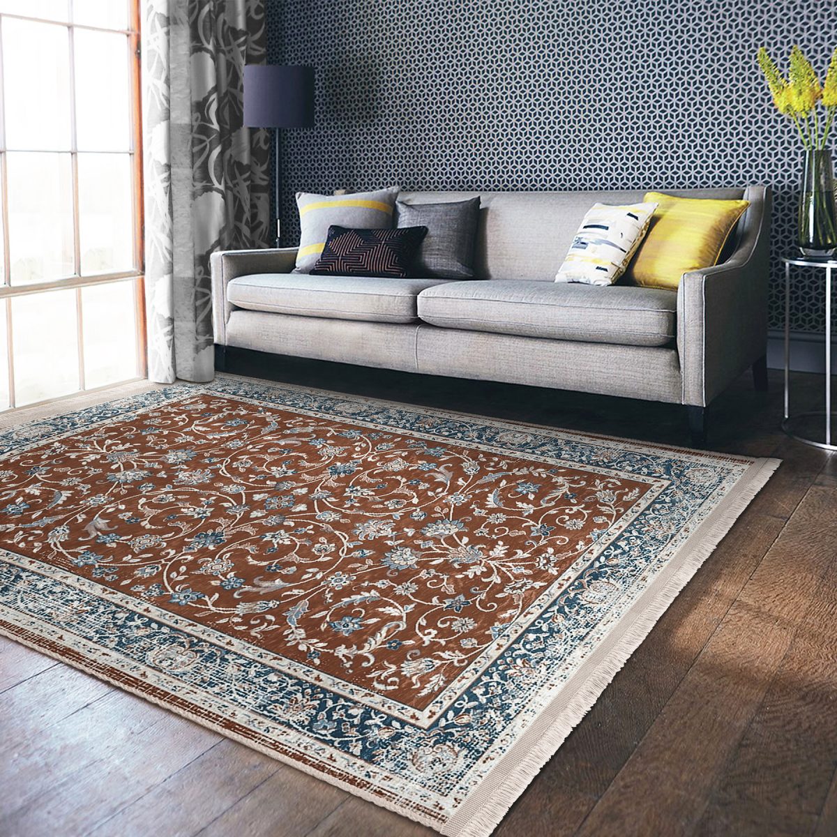 Kremit Zeminde Antik Motifli Kilim Desenli Vintage Avangarde Salon & Oturma Odası Yatak Odası Dijital Baskılı Makinede Yıkanabilir Kaymaz Taban Saçaklı Halı Realhomes