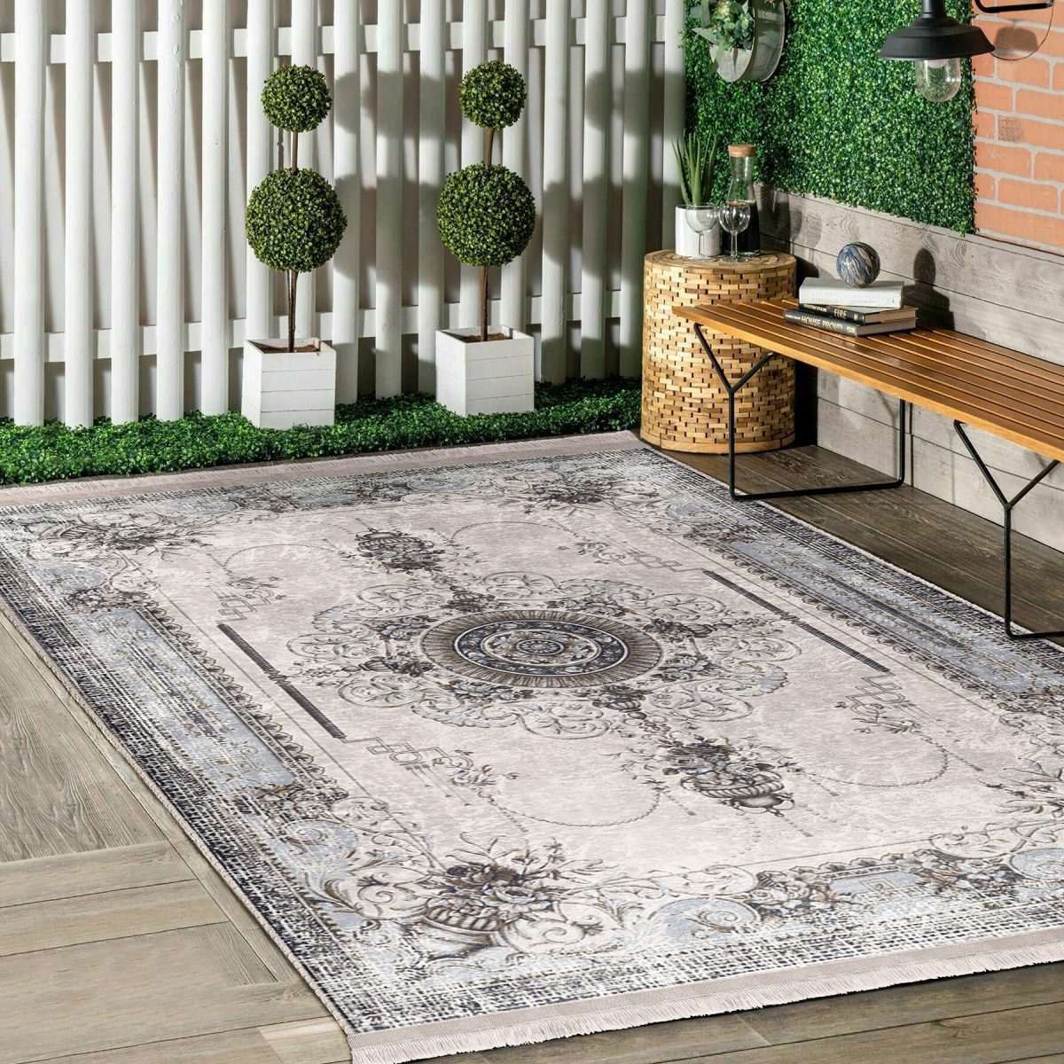 Krem Zeminde Kilim Motifli Vintage Desenli Etnik Motifler Eskitme Motifli Salon & Oturma Odası Dış Mekan & Outdoor Dijital Baskılı Makinede Yıkanabilir Kaymaz Taban Saçaklı Halı Realhomes