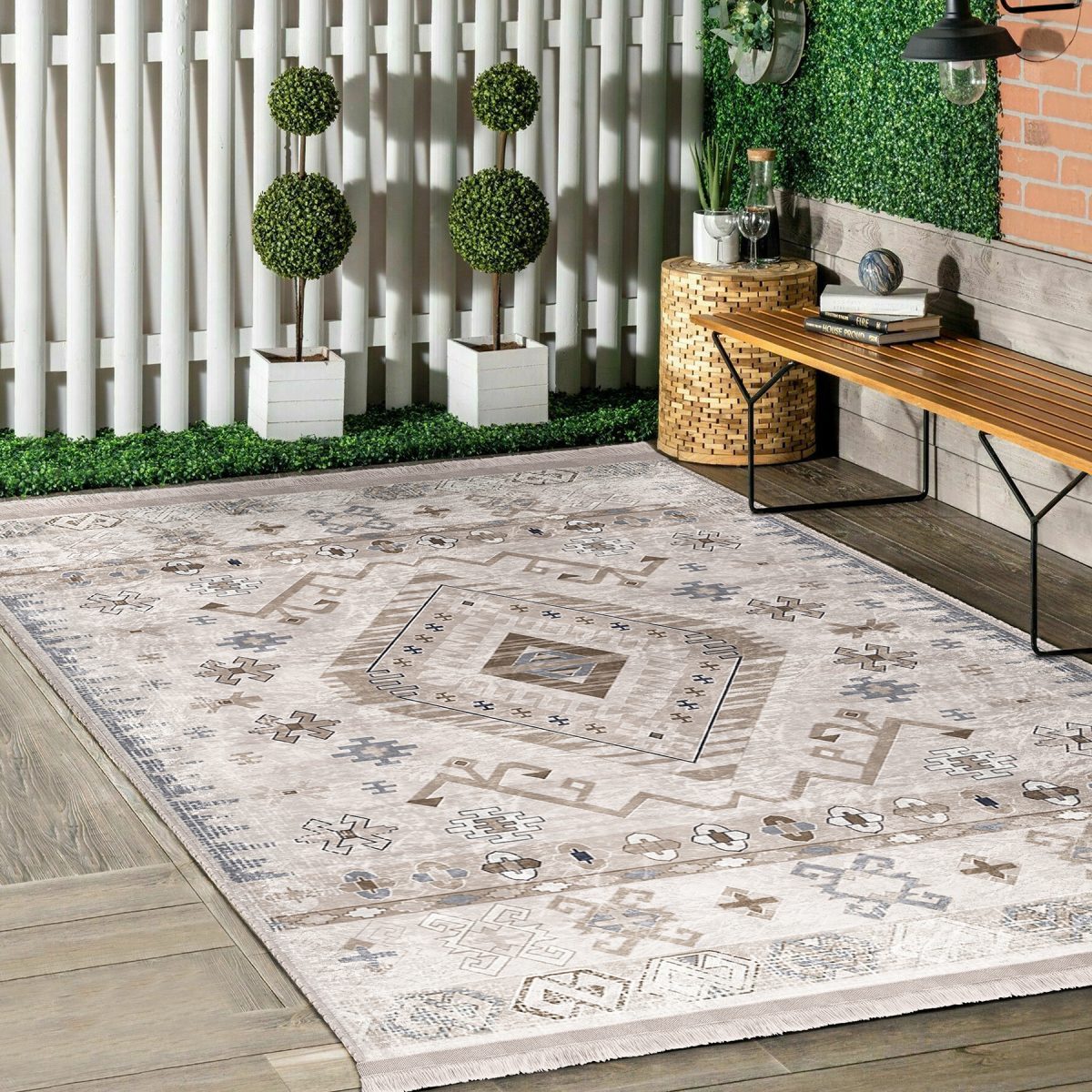 Krem Zeminde Retro Motifli Dokuma Desenli Avangarde Eskitme Motifli Salon & Oturma Odası Dış Mekan & Outdoor Dijital Baskılı Makinede Yıkanabilir Kaymaz Taban Saçaklı Halı Realhomes