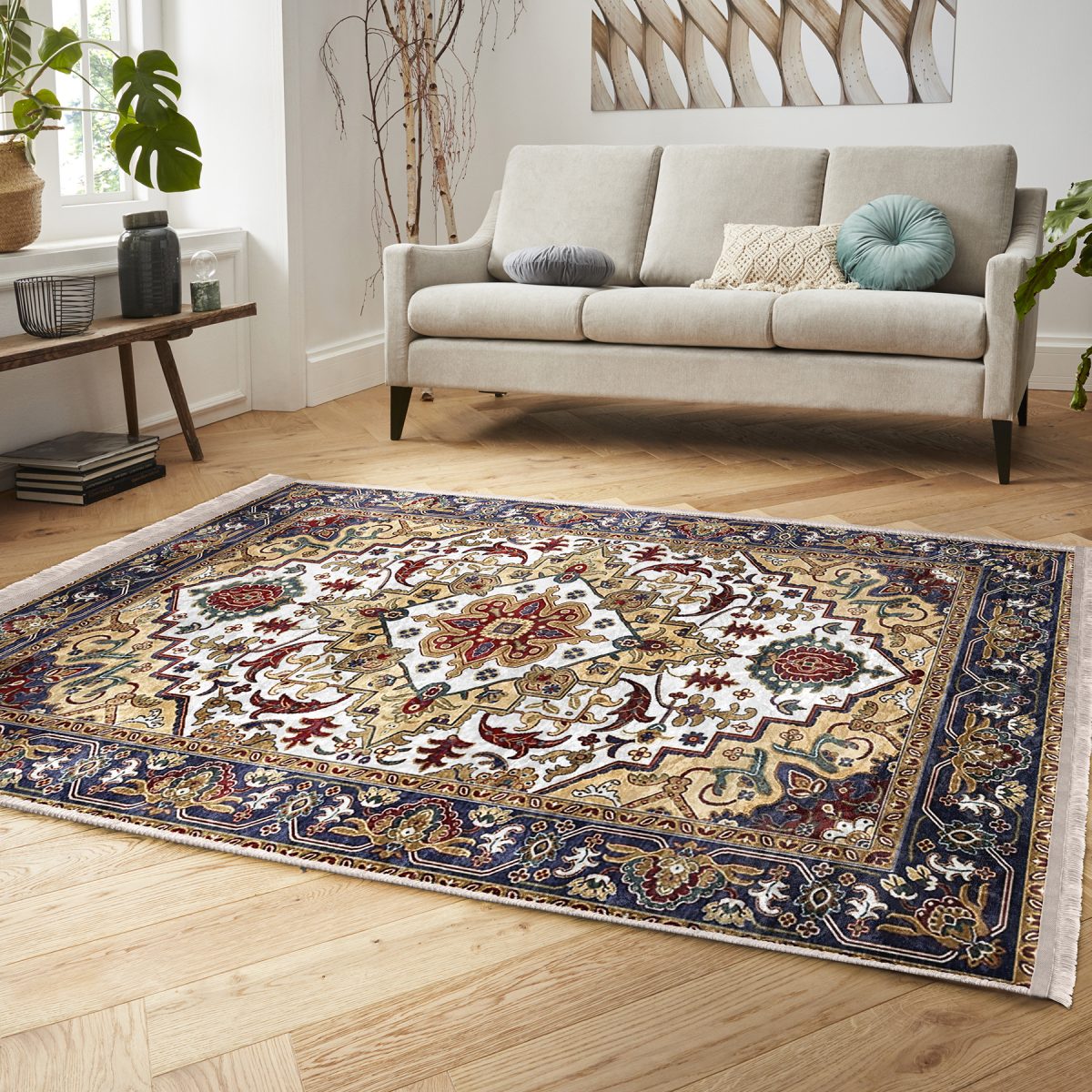 Antika Zeminde Hereke Motifli Dokuma halı Desenli Avangarde Etnik Motifler Salon & Oturma Odası Dış Mekan & Outdoor Dijital Baskılı Makinede Yıkanabilir Kaymaz Taban Saçaklı Halı Realhomes