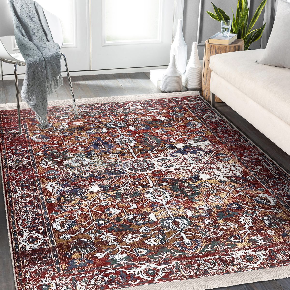 Kırmızı Zeminde Dokuma Halı Motifli Kilim Desenli Etnik Motifler Eskitme Motifli Salon & Oturma Odası Dış Mekan & Outdoor Dijital Baskılı Makinede Yıkanabilir Kaymaz Taban Saçaklı Halı Realhomes