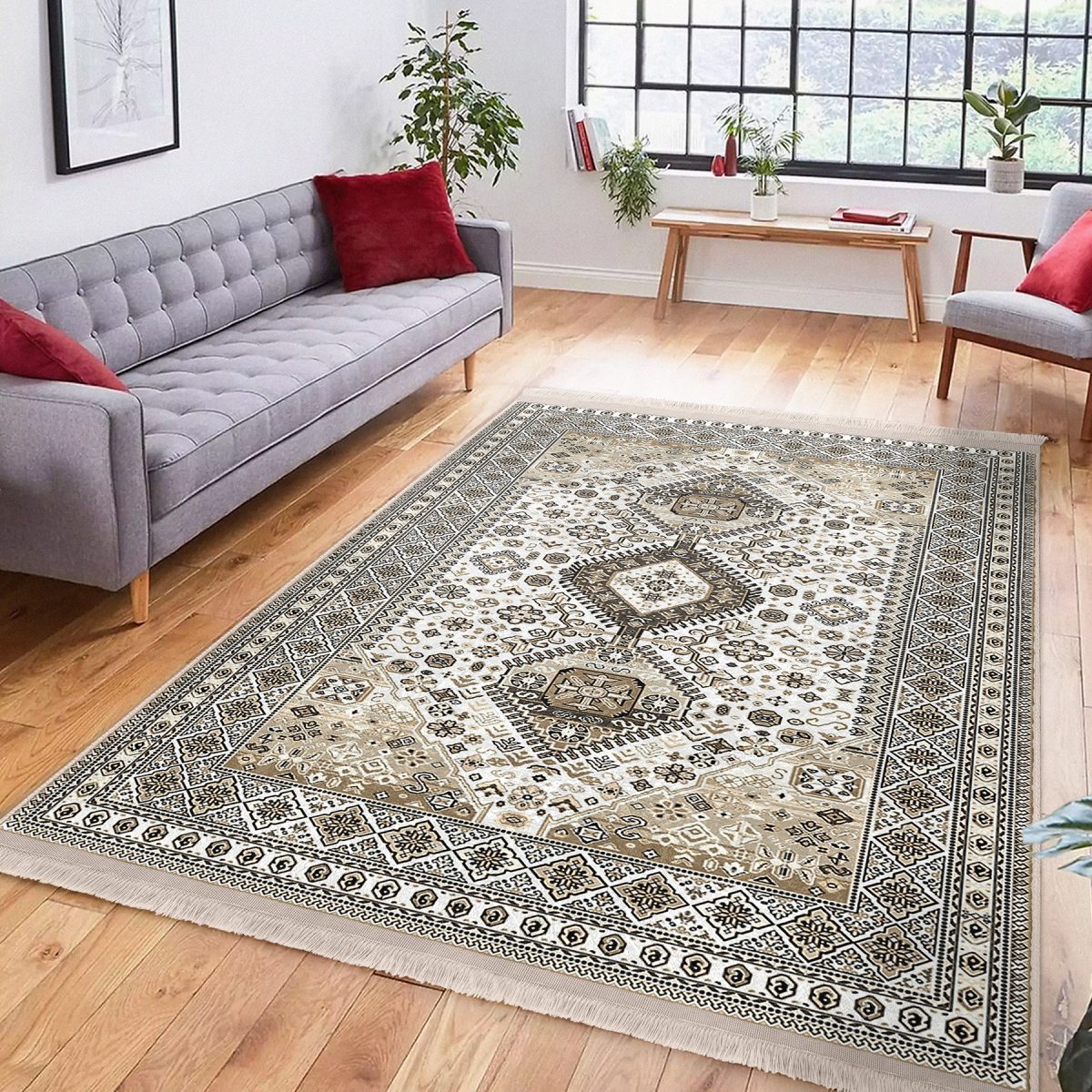 Bej Zeminde Hereke Motifli Kilim Desenli Vintage Klasik Salon & Oturma Odası Yatak Odası Dijital Baskılı Makinede Yıkanabilir Kaymaz Taban Saçaklı Halı Realhomes