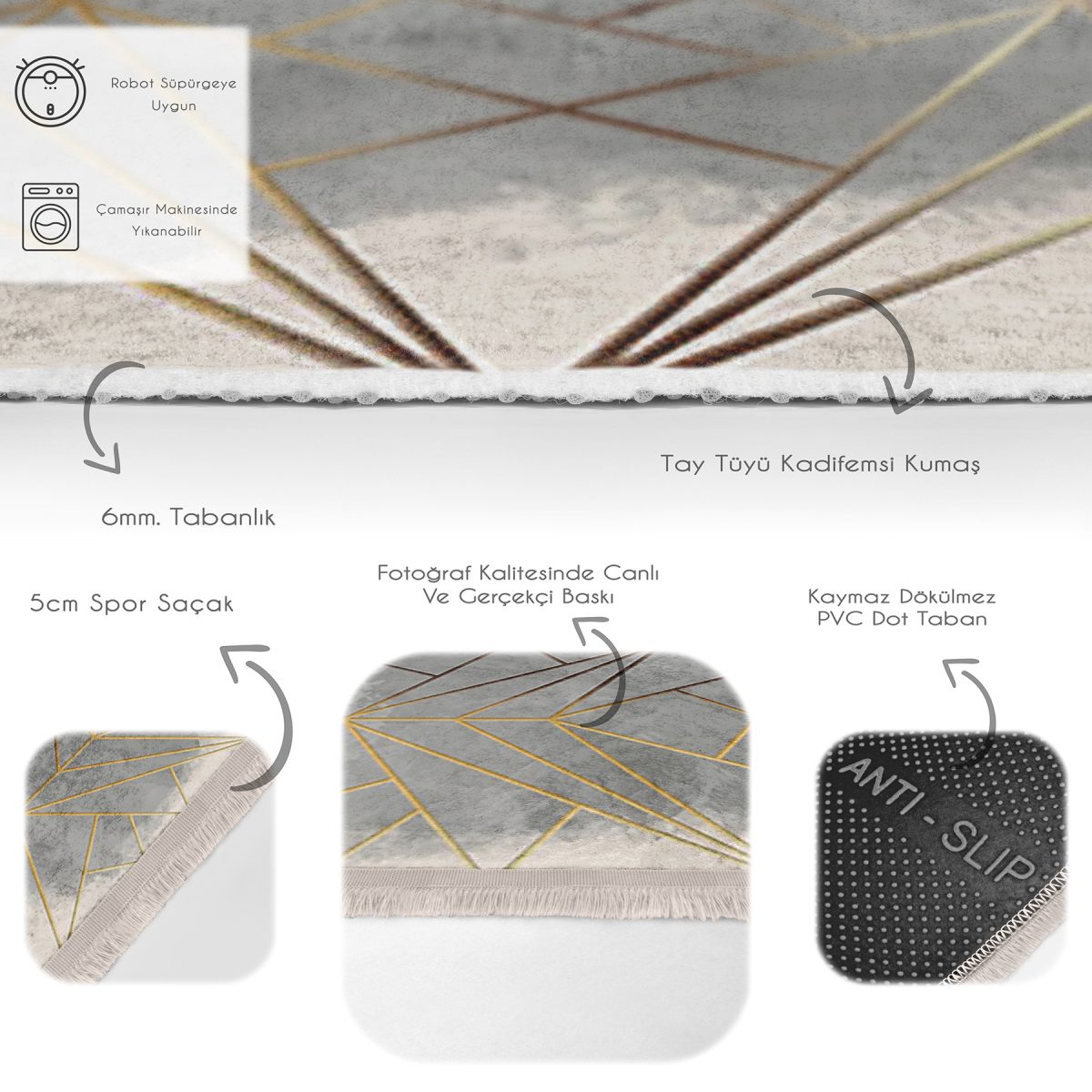 Gold - Gri Zeminde Geometrik Motifli Klasik Desenli Geometrik Klasik Salon & Oturma Odası Koridor & Antre Dijital Baskılı Makinede Yıkanabilir Kaymaz Taban Saçaklı Halı Realhomes