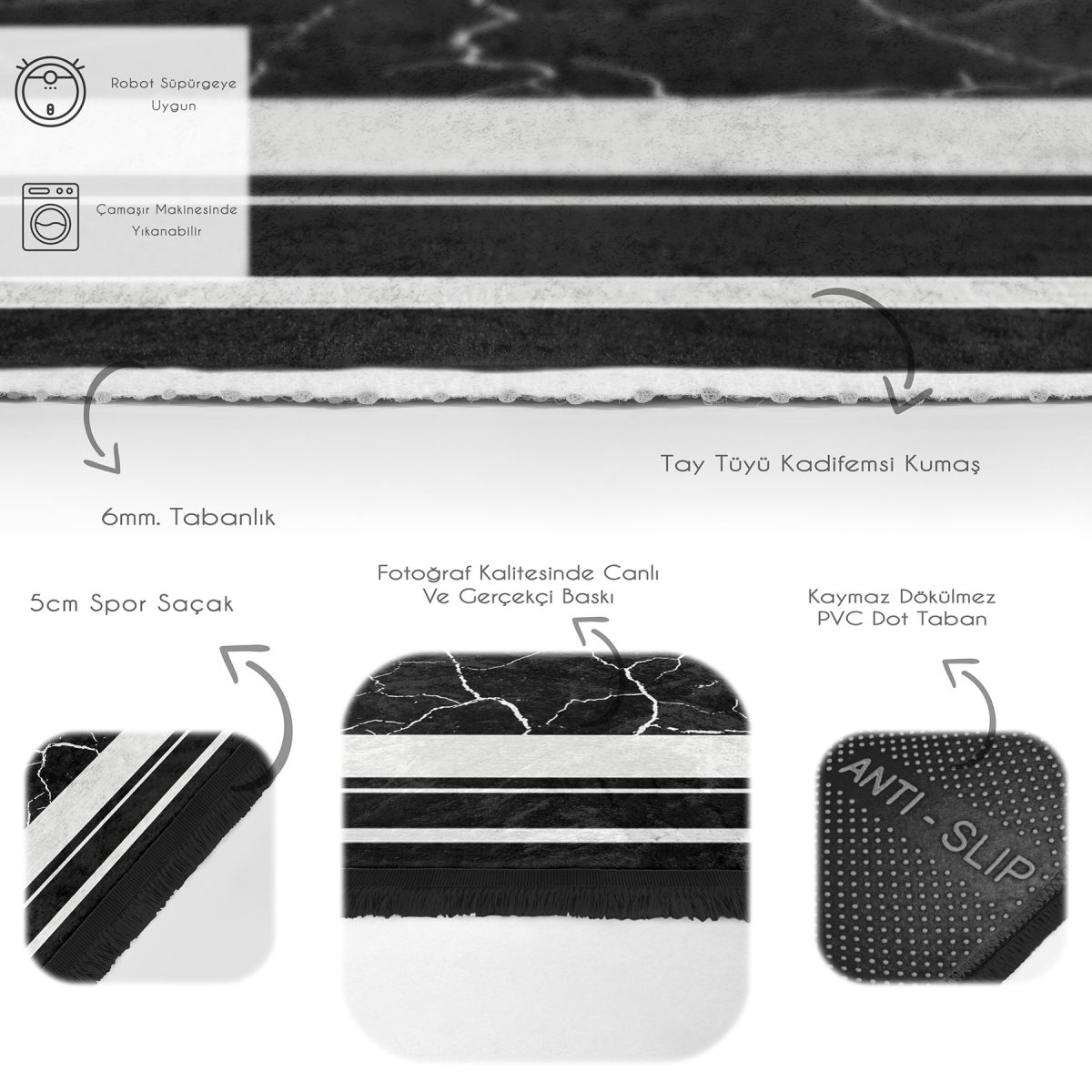 Siyah - Beyaz Zeminde Çerçeveli Motifli Mermer Desenli Klasik Sade & Şık Salon & Oturma Odası Koridor & Antre Dijital Baskılı Makinede Yıkanabilir Kaymaz Taban Saçaklı Halı Realhomes