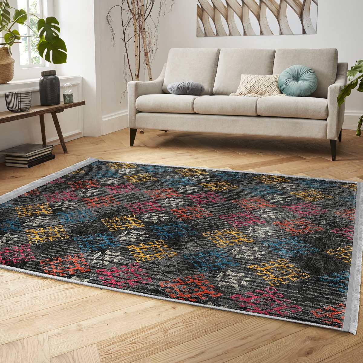 Otantik Zeminde Örme Motifli Kilim Desenli Eskitme Motifli Vintage Koridor & Antre Salon & Oturma Odası Dijital Baskılı Makinede Yıkanabilir Kaymaz Taban Saçaklı Halı Realhomes