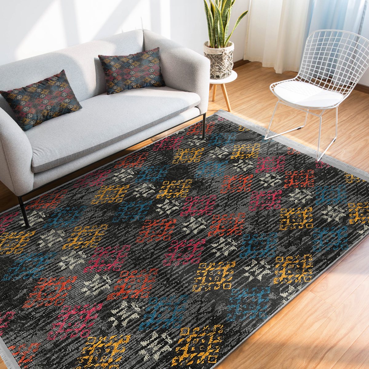 Otantik Zeminde Örme Motifli Kilim Desenli Eskitme Motifli Vintage Koridor & Antre Salon & Oturma Odası Dijital Baskılı Makinede Yıkanabilir Kaymaz Taban Saçaklı Halı Realhomes