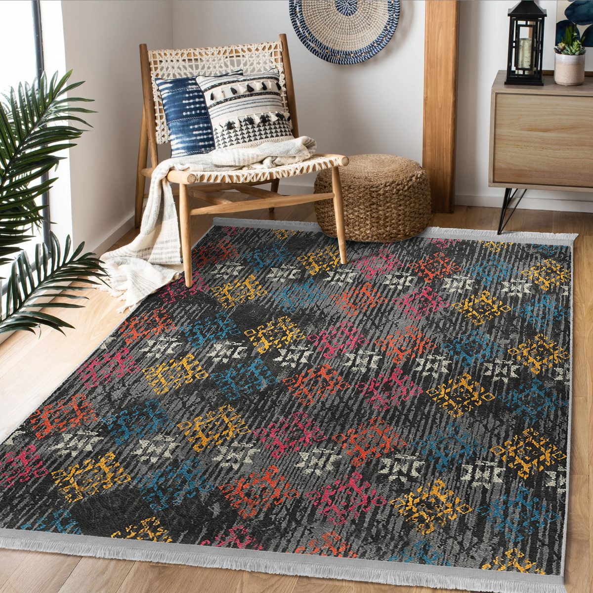 Otantik Zeminde Örme Motifli Kilim Desenli Eskitme Motifli Vintage Koridor & Antre Salon & Oturma Odası Dijital Baskılı Makinede Yıkanabilir Kaymaz Taban Saçaklı Halı Realhomes