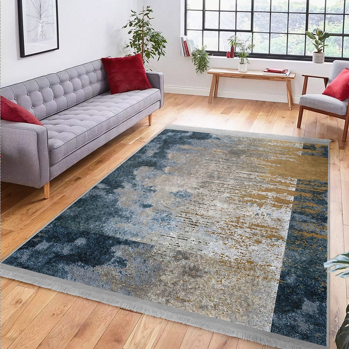 Mavi - Krem Zeminde Dokuma Halı Motifli Eskitme Desenli Eskitme Motifli Modern Salon & Oturma Odası Yatak Odası Dijital Baskılı Makinede Yıkanabilir Kaymaz Taban Saçaklı Halı Realhomes