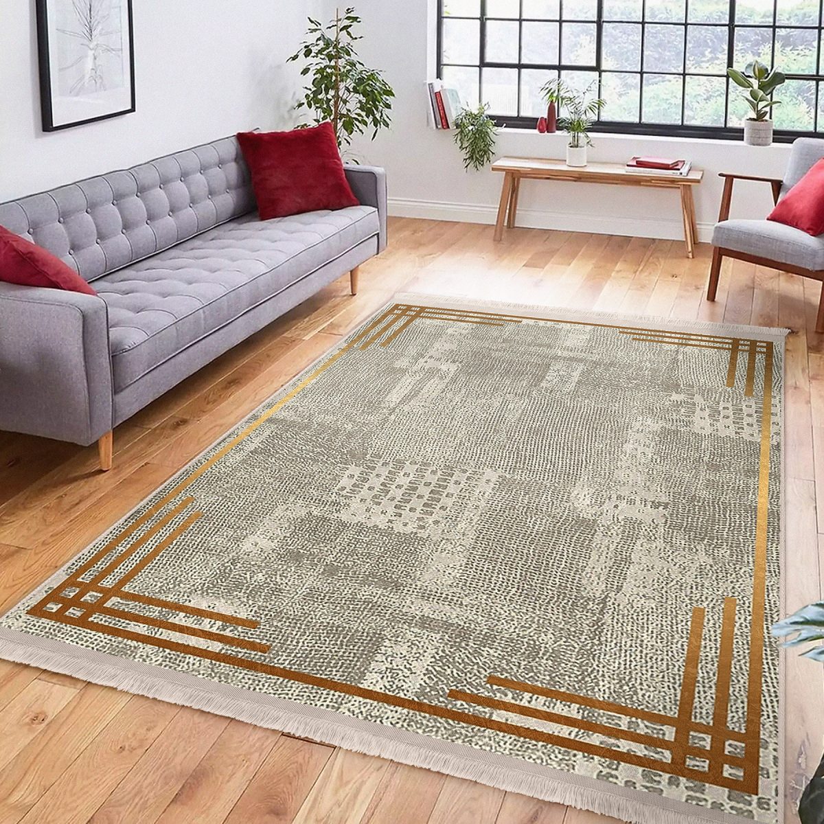 Krem - Gold Zeminde Çerçeveli Motifli Kilim Desenli Geometrik Sade & Şık Salon & Oturma Odası Yatak Odası Dijital Baskılı Makinede Yıkanabilir Kaymaz Taban Saçaklı Halı Realhomes